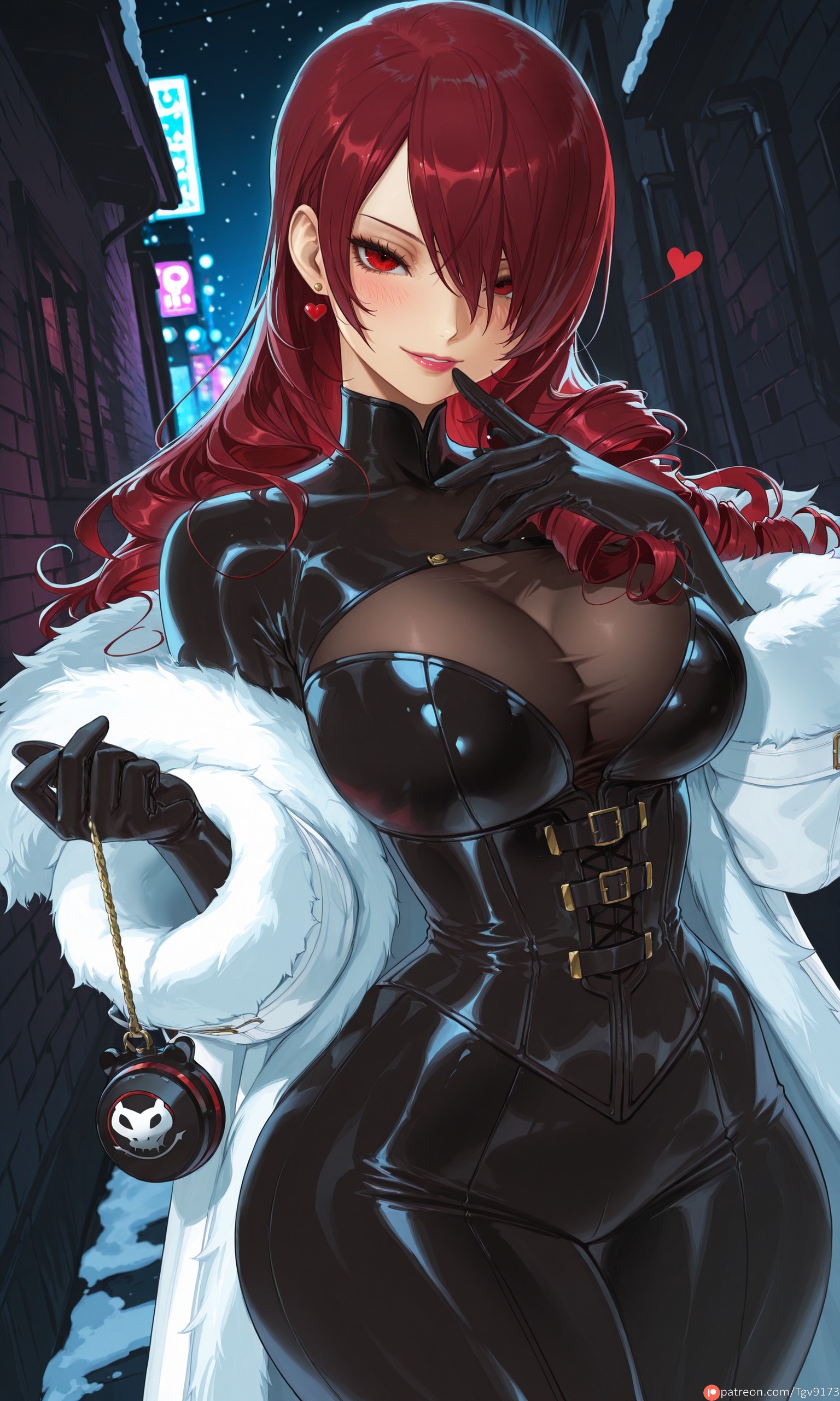 1girls, 3:5, ai generated, bangs, big breasts, bimbo, bimbofication, black bodysuit, black gloves, blush, bodysuit, breasts, cleavage, coat, commission, corruption, corset, drill hair, earrings, female, female only, finger to mouth, fur coat, fur trim, gloves, hair over one eye, heart, holding, jewelry, kirijou mitsuru, large breasts, latex, long hair, looking at viewer, megami tensei, mitsuru kirijo, mitsuru kirijo (arena), night, night sky, outdoors, persona, persona 3, persona 4, persona 4 arena, persona 4 arena ultimax, red eyes, red hair, self upload, skin tight, sky, smile, solo, tgv9173