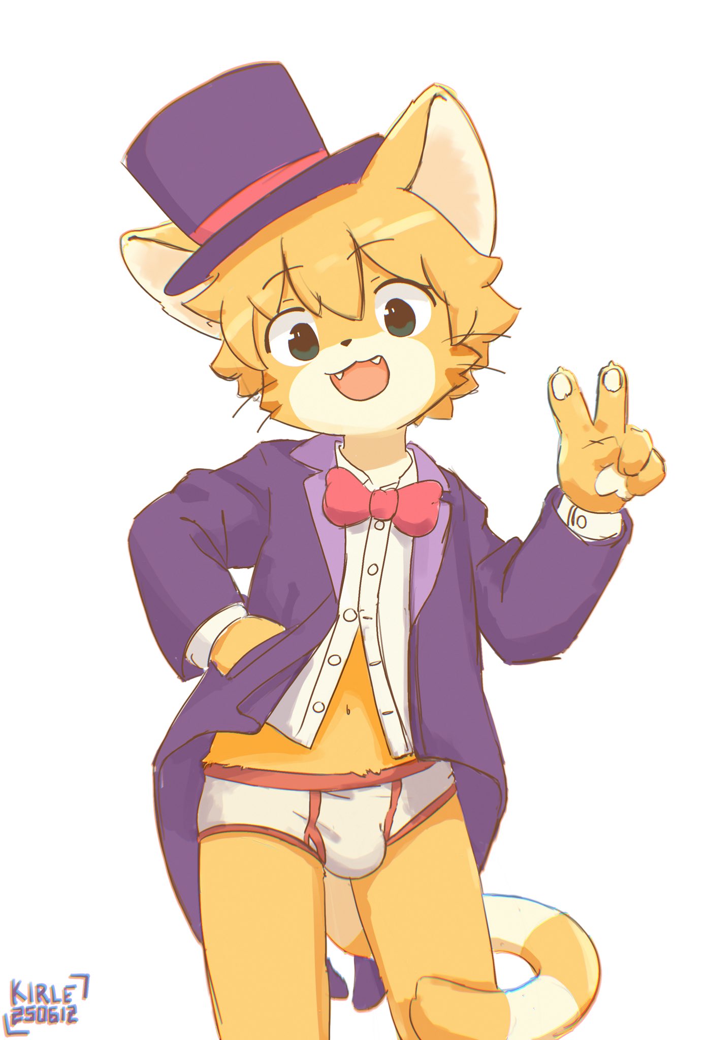 1boy, 2025, anthro, anthro only, belly button, bowtie, bulge, cat ears, cat tail, cub, digital drawing (artwork), digital media (artwork), eliot (giggleland), elliot (giggleland), eyebrows, fangs, feline, furry, giggleland, green eyes, hand in pocket, hat, hi res, kirlecore, looking at viewer, male, male cub, male only, mammal, mascot horror, no humans, no pants, open mouth, paws, peace sign, purple clothing, purple suit, red bowtie, simple background, smiling, striped tail, suit, unbuttoned, unbuttoned shirt, underwear, whiskers, white background, young, young anthro