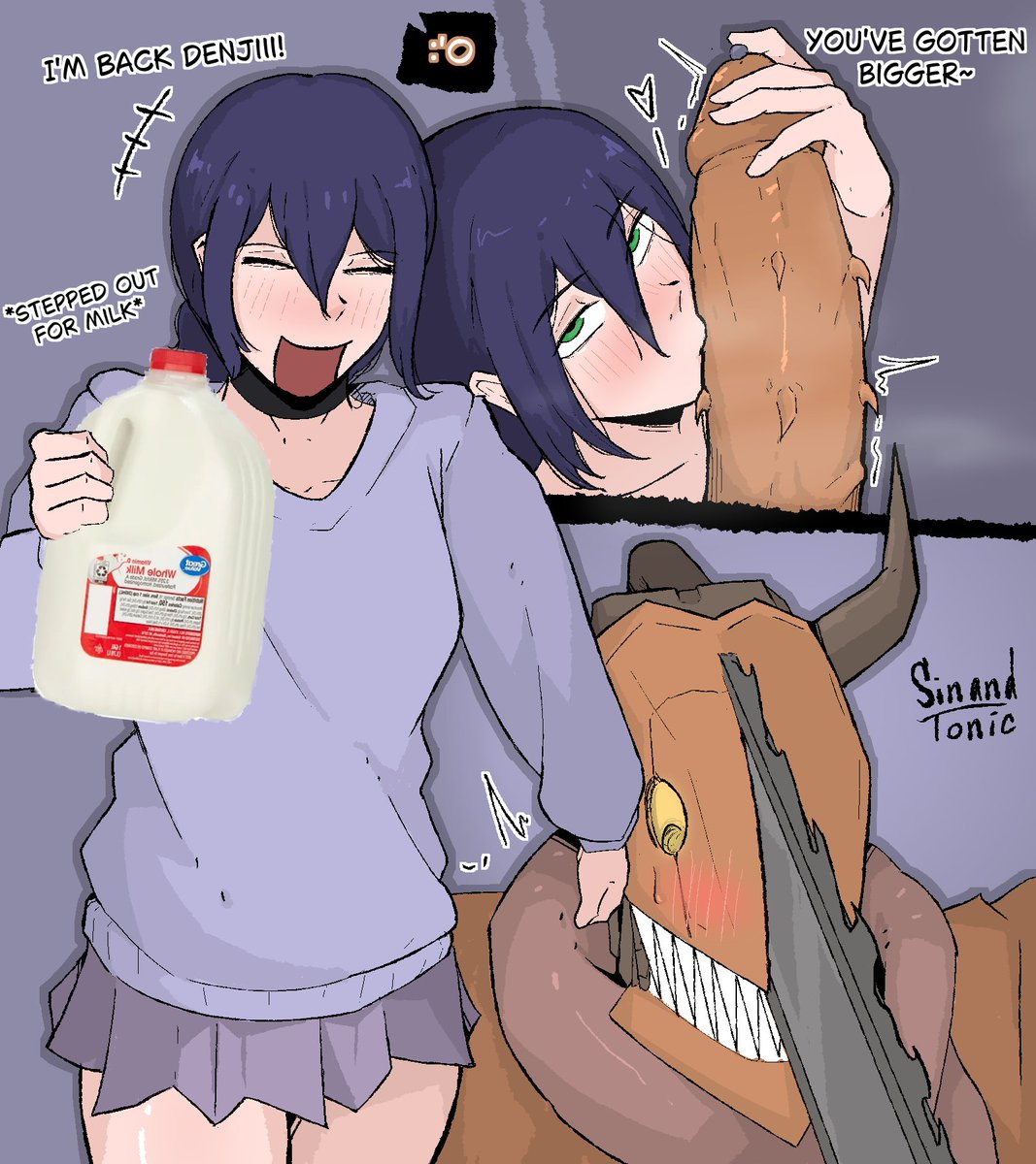 big penis, blush, chainsaw man, denji (chainsaw man), denji (denjiman form), happy, milk, reze (chainsaw man), sinandtonic (artist)