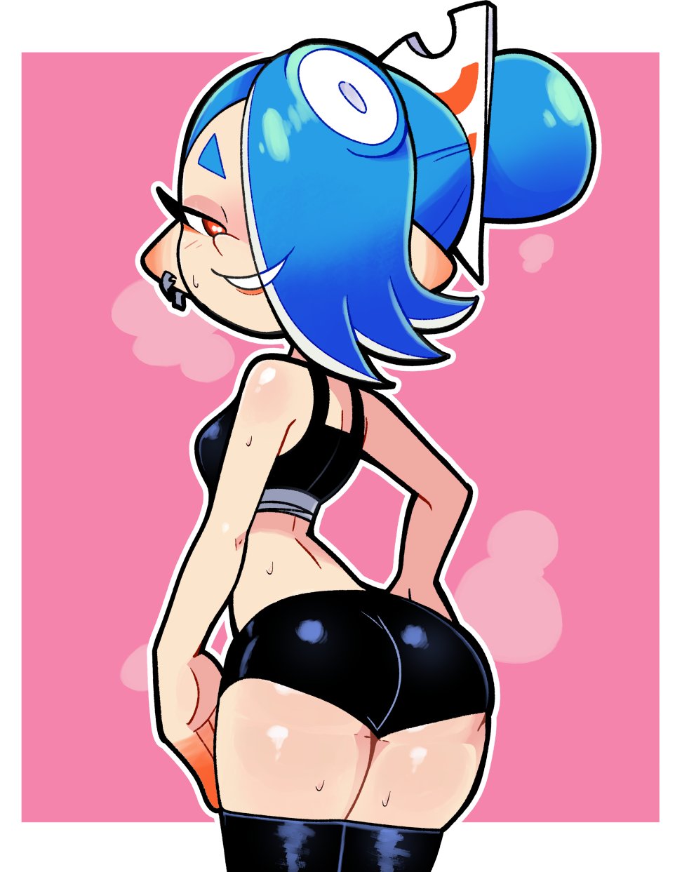 1girls, arched back, ass, black bottomwear, black clothing, black legwear, black shorts, black tank top, black thighhighs, black topwear, blue hair, blush, border, breasts, clothed, clothing, female, female only, hair over one eye, half-closed eyes, humanoid, humanoid pointy ears, legwear, light skin, light-skinned female, looking at viewer, narrowed eyes, naughty face, nintendo, octoling, one eye covered, one eye obstructed, pointy ears, portrait, rear view, red eyes, scott falco, scottfalco (artist), shiver (splatoon raiders), shiver (splatoon), shiver hohojiro, shorts, sideboob, smile, smiling at viewer, solo, solo female, splatoon, splatoon (series), splatoon 3, splatoon raiders, sweat, symbol, symbol-shaped pupils, tank top, thick thighs, thighhighs, thighs, three-quarter portrait, white border
