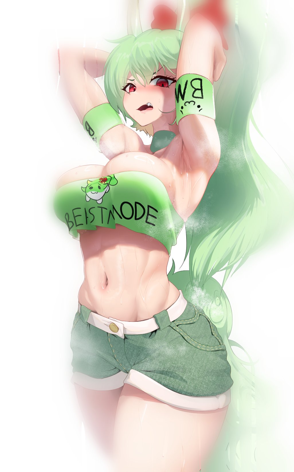 1girls, armpits, arms up, blush, booty shorts, breasts, breppy (artist), cleavage, cute fang, female, green hair, keine kamishirasawa, large breasts, long hair, musk clouds, ponytail, red eyes, spiced milk, sweat, sweating, sweaty, touhou