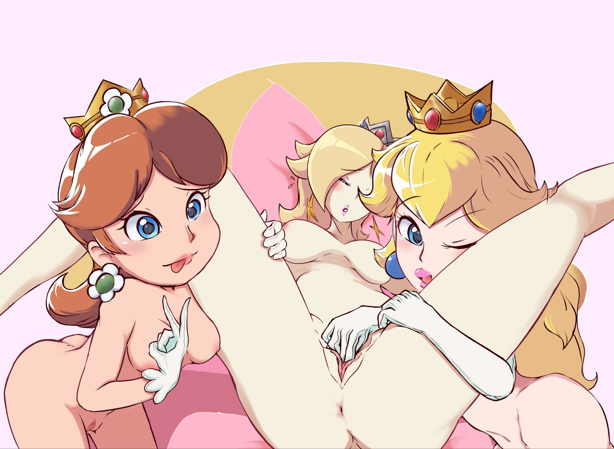 3girls, anus, blonde female, blonde hair, blue eyes, breasts, brown hair, brunette, closed eyes, completely nude, crown, earrings, female, female only, female/female, fingering, fingering partner, fingering pussy, gloves, human, human on human, human only, light skin, light-skinned female, mario (series), mature, mature female, multiple females, multiple girls, naked, nintendo, nipples, nude, nude female, peace sign, princess, princess daisy, princess peach, princess rosalina, pulsaber, pussy, royalty, sex, spread legs, super mario bros., super mario galaxy, super mario land, wink, yuri