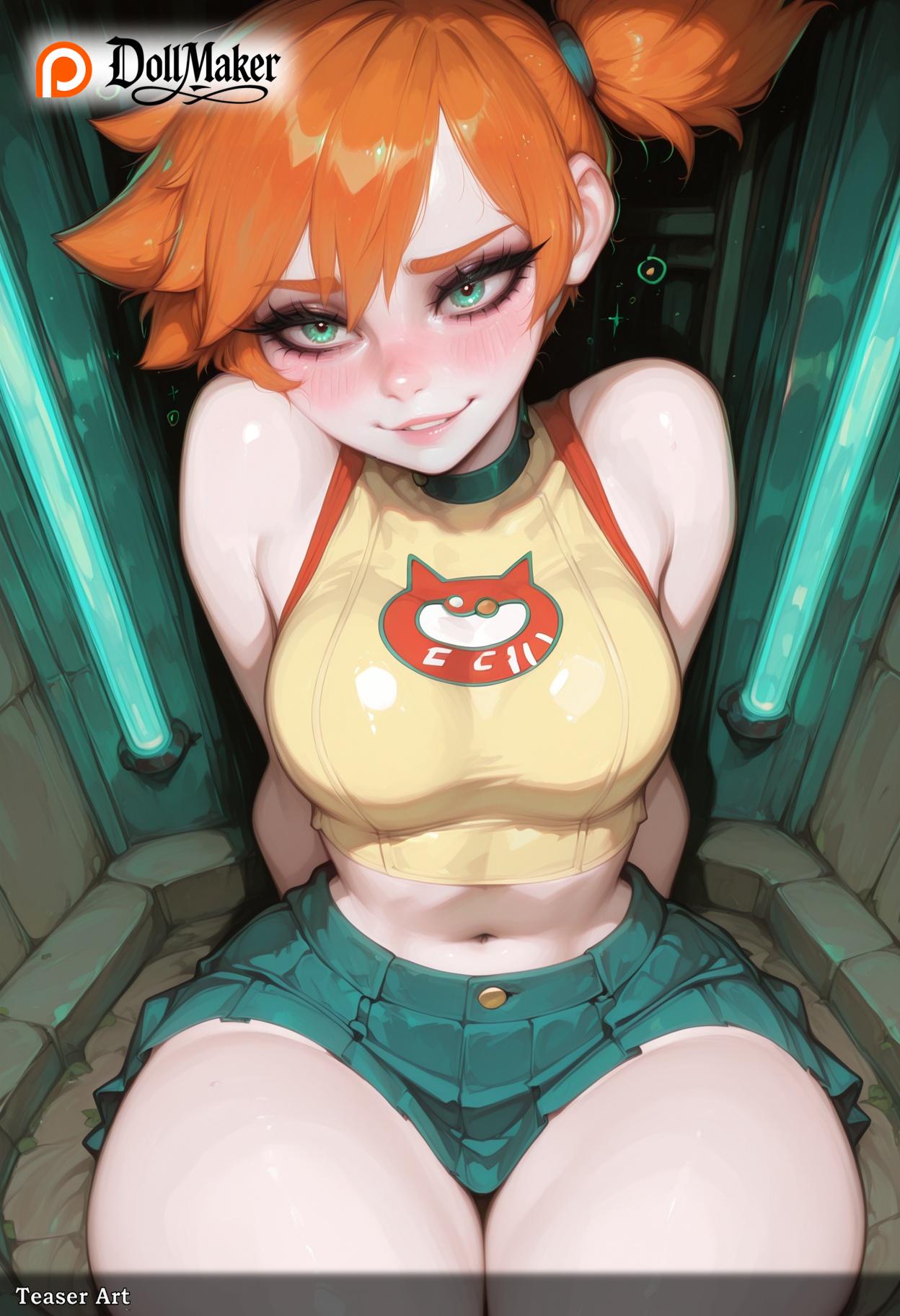 ai_generated aqua_eyes artist_name bangs bare_shoulders blush breasts crop_top dollmaker dollmaker_(artist) earrings female heart heart-shaped_pupils jewelry kasumi_(pokemon) medium_breasts midriff navel orange_hair patreon_logo patreon_username pokemon pokemon_(creature) side_ponytail sitting skirt smile solo suspenders symbol-shaped_pupils tagme tank_top thick_thighs thighs watermark web_address