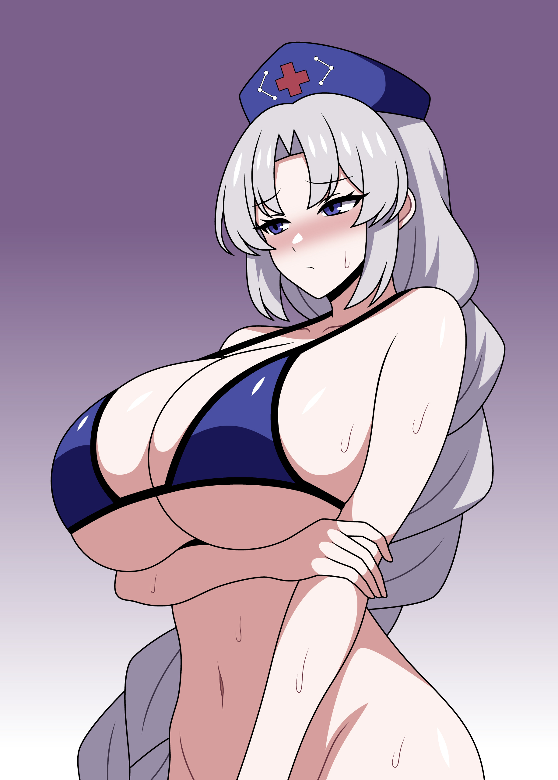 1girls, absurd res, big breasts, bikini, blue eyes, blush, bottomless, braid, breasts, breasts bigger than head, eirin yagokoro, embarrassed, female, flustered, headwear, huge breasts, long hair, looking away, midriff, navel, simple background, solo, solo female, ssaf seibeupail, sweat, swimsuit, thick thighs, touhou, voluptuous, white hair