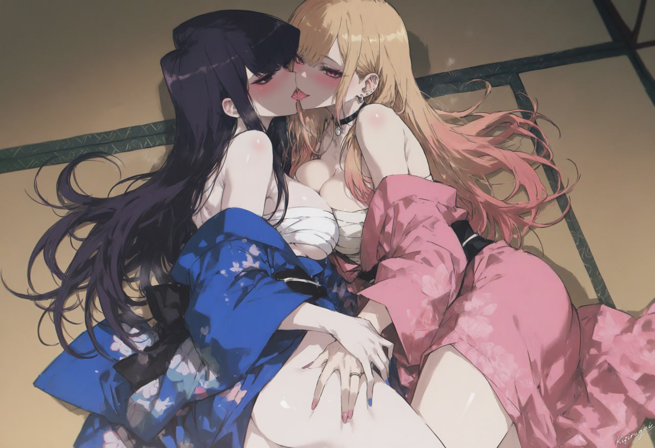 2girls, ai generated, blush, breast press, breasts, chest wraps, choker, cleavage, crossover, female, female only, french kiss, kimono, kissing, kitagawa marin, kizirugai, komi shouko, komi-san wa komyushou desu, multiple females, multiple girls, sono bisque doll wa koi wo suru, symmetrical docking, thigh grab, tongue, tongue out, yuri