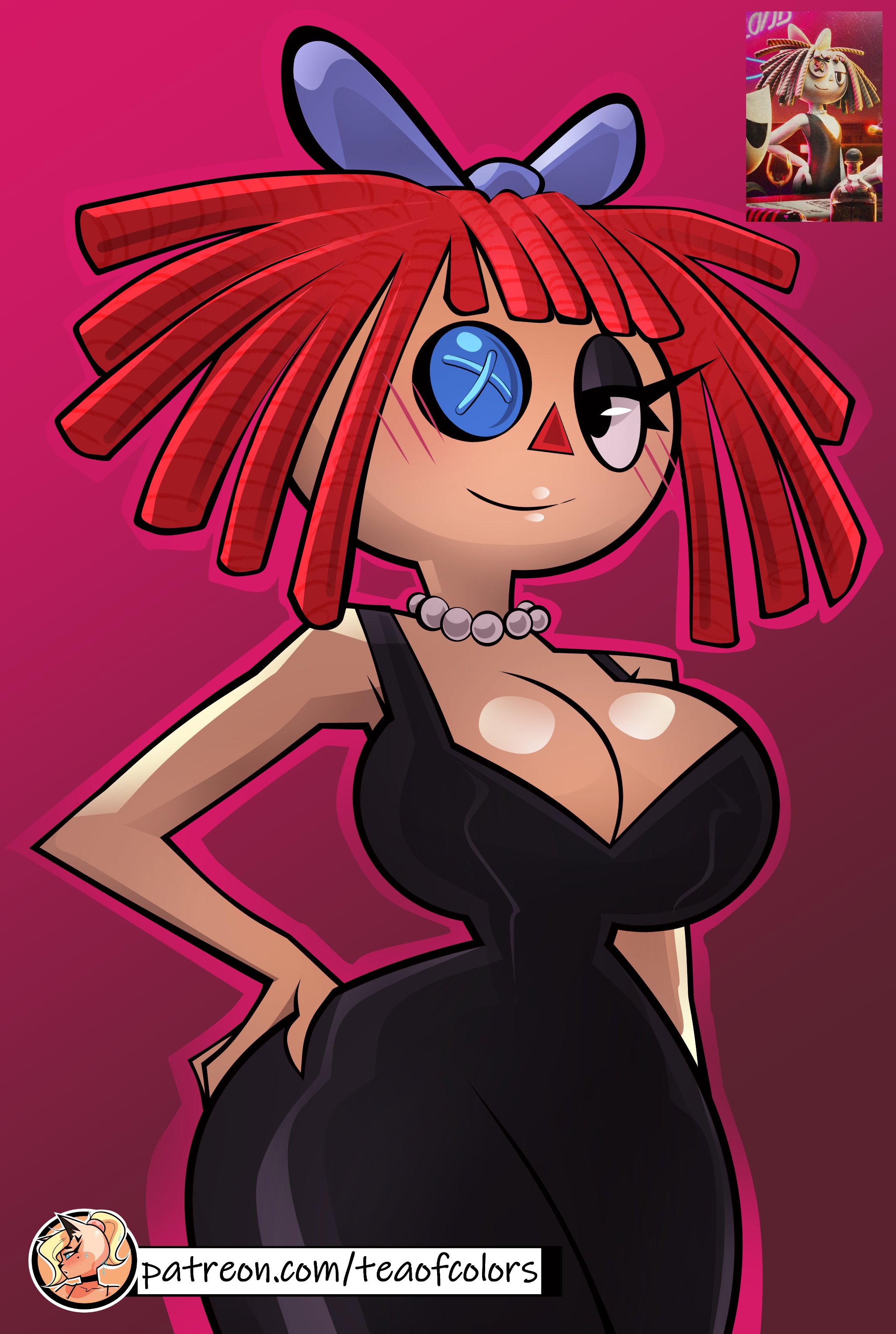 1 eye, 1girls, black dress, breasts, doll, doll girl, dress, female, female focus, female only, glitch productions, ragatha (the amazing digital circus), red hair, teaofcolors, the amazing digital circus