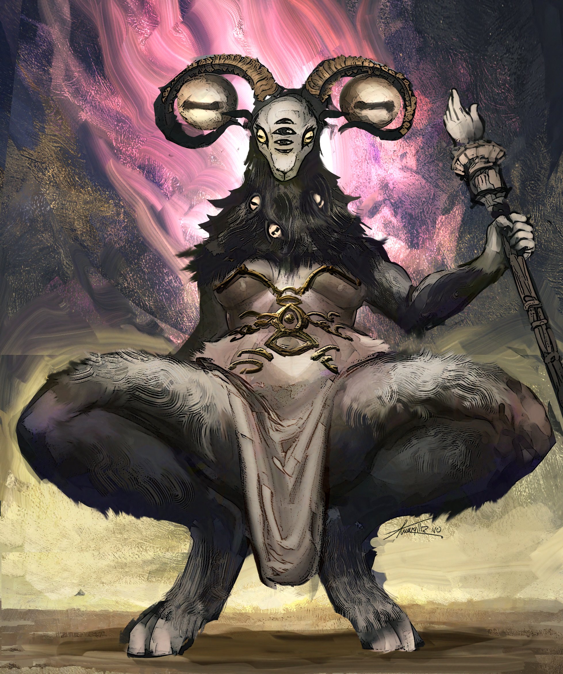 1girls, artist request, belly, big breasts, black fur, breasts, demon, demon girl, demon horns, devil, devil girl, elden ring, elden ring nightreign, female, female only, fromsoftware, fur, furry, furry female, genderswap, genderswap (mtf), goat, goat demon, goat girl, goat horns, horns, libra (elden ring nightreign), libra creature of night, monster, multi eye, rule 63, staff, tagme, tummy, underboob