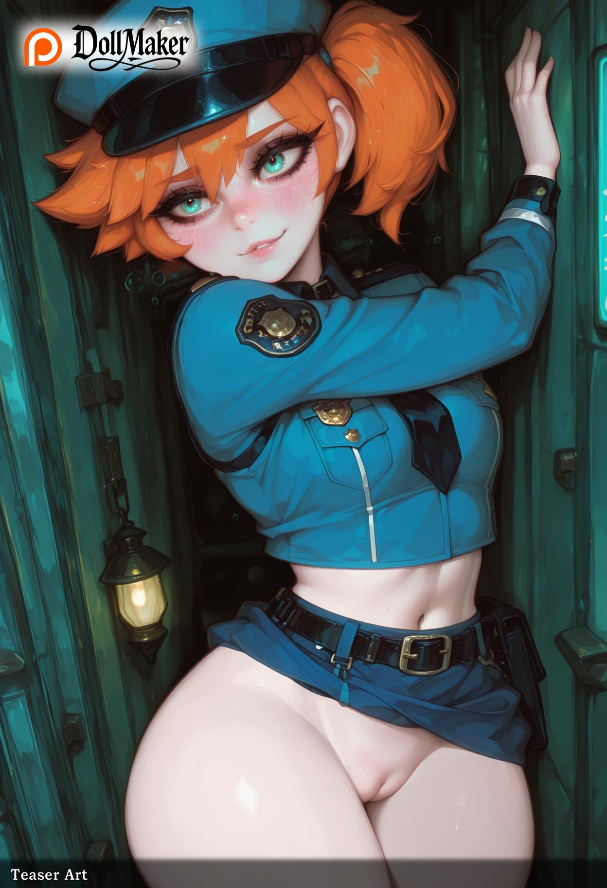 ai_generated aqua_eyes belt belt_pouch blush breasts cuffs dollmaker dollmaker_(artist) female gloves handcuffs hat kasumi_(pokemon) navel orange_hair patreon_logo patreon_username police police_uniform policewoman pouch pussy skirt solo tagme watermark web_address