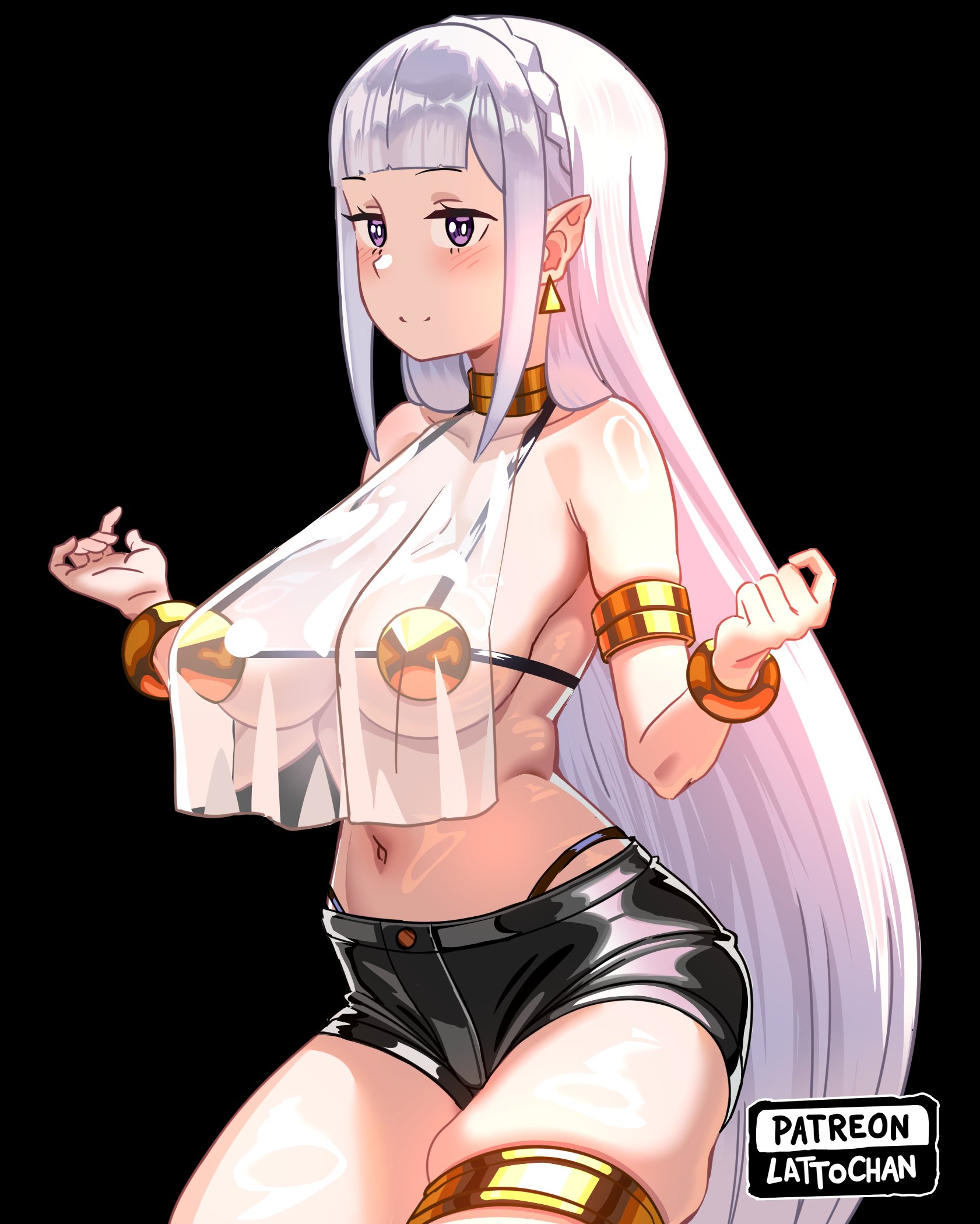 1girls, armpits, belly, black background, breasts, elf, elf ears, elf female, emilia (re:zero), female, female only, golden bikini, large breasts, micro bikini, purple eyes, re:zero kara hajimeru isekai seikatsu, revealing clothes, shorts, sideboob, silver hair, solo, standing, thick thighs, translucent clothing, transparent clothing
