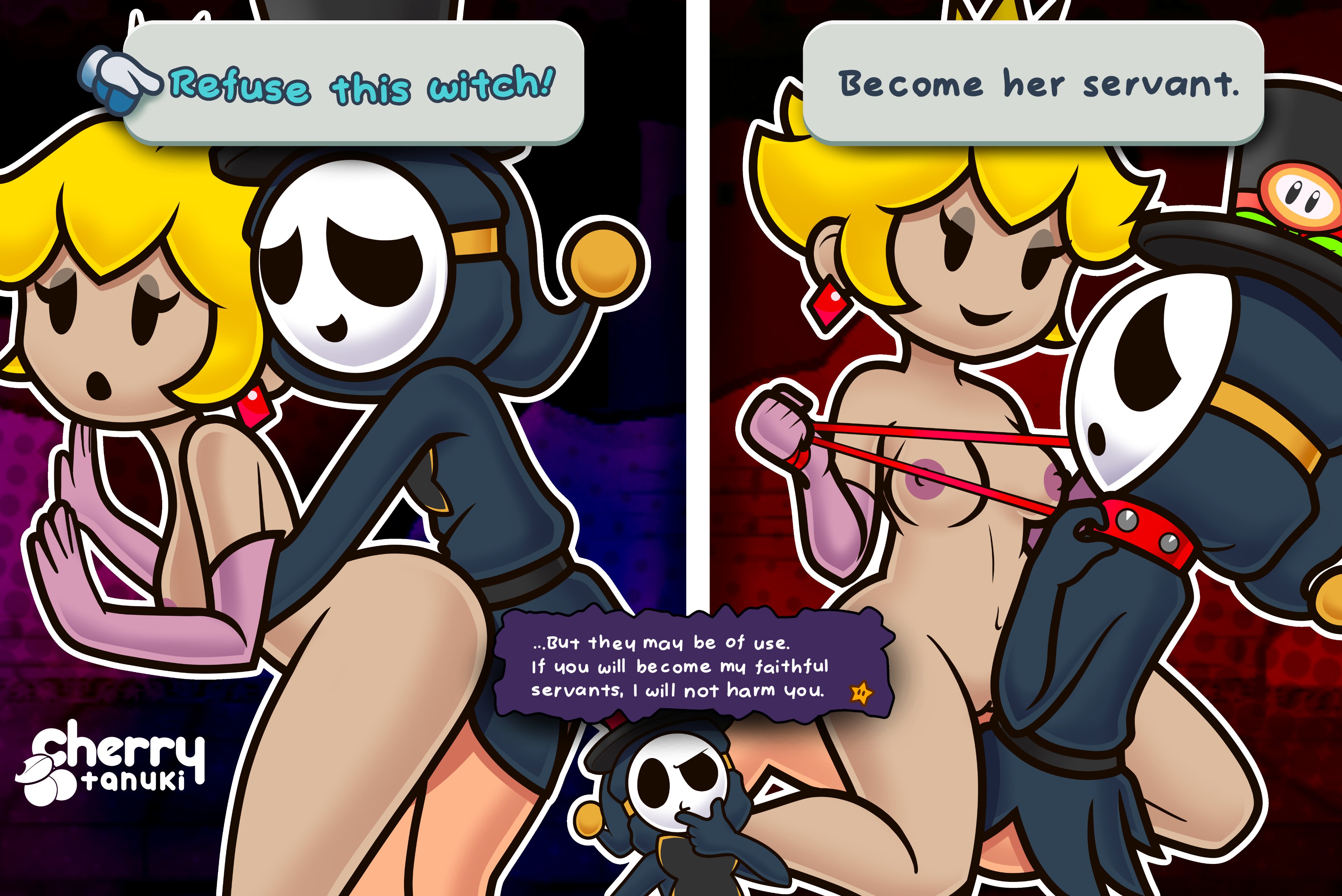 1boy, 1girls, against wall, anti groove, blonde hair, cherry tanuki, dialogue, earrings, english text, female, femdom, leash, male, mario (series), nintendo, paper mario, paper mario: the thousand-year door, paper peach, princess peach, shadow queen, shy guy, text