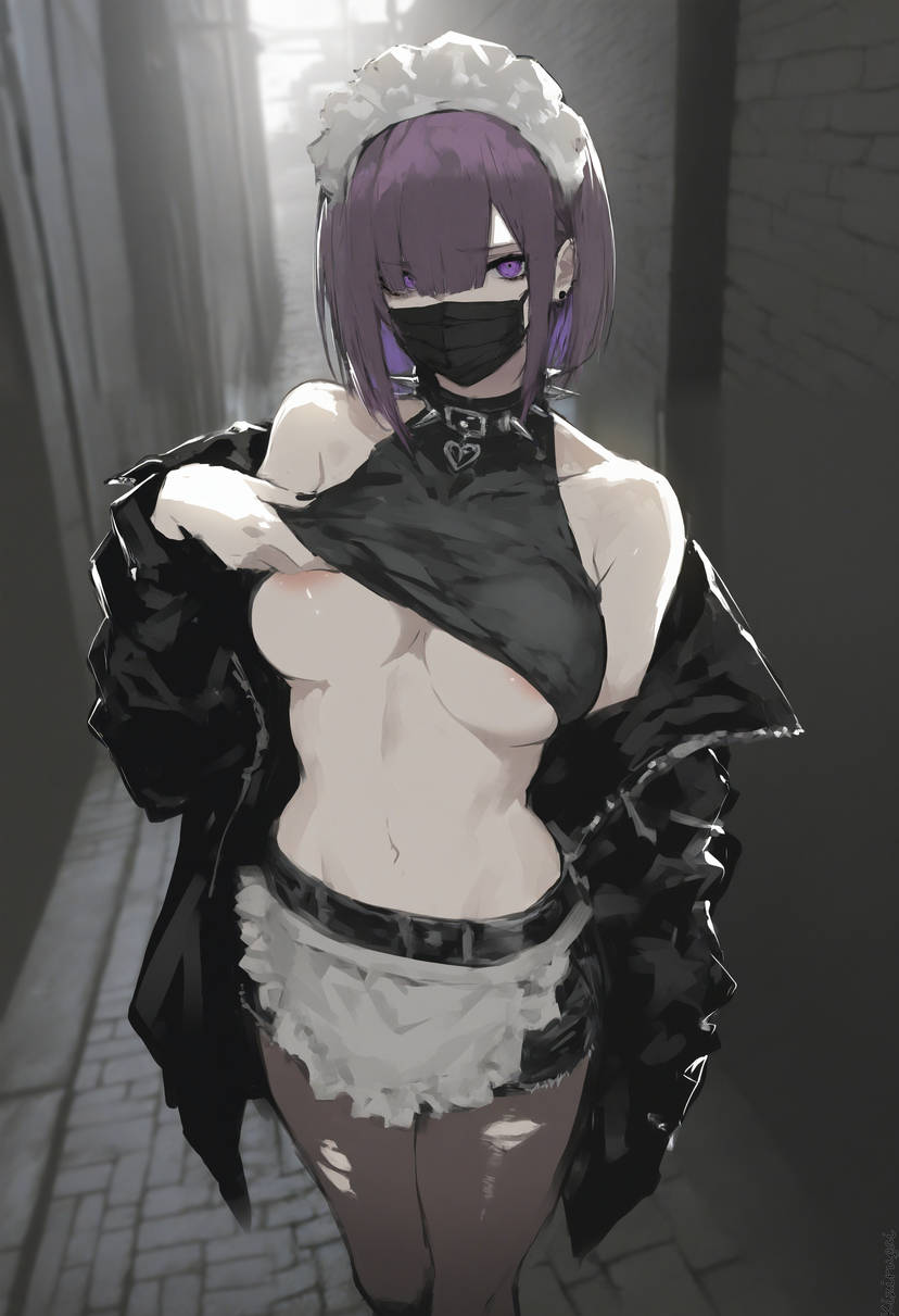 aerolae, ai generated, alley, breasts, female, jacket, kizirugai, maid uniform, mask, medium breasts, prostitution, pulling up shirt, purple hair, spiked collar, torn pantyhose, underboob
