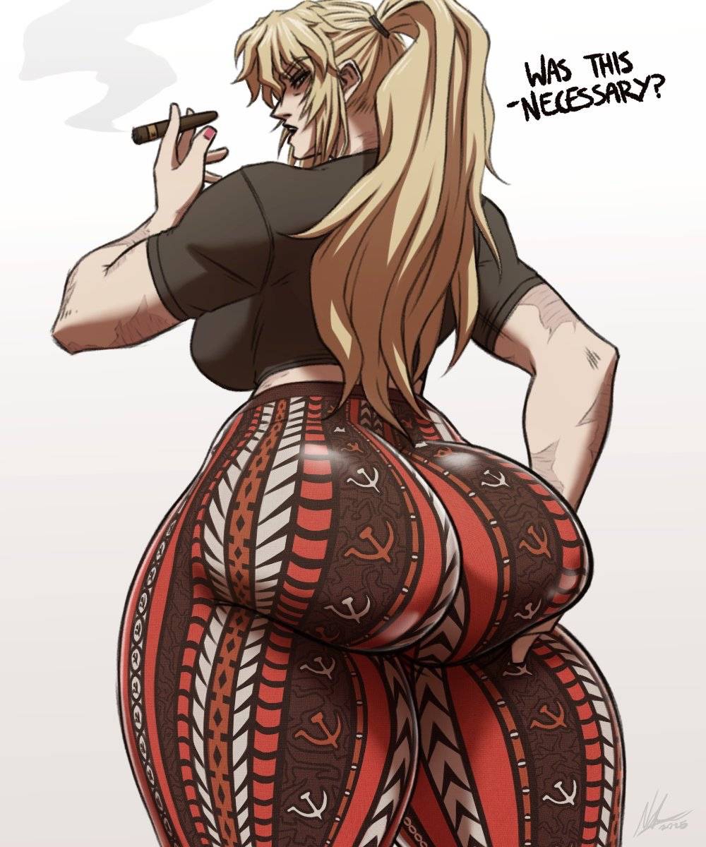 1girls, ass, ass focus, back view, balalaika, big ass, black lagoon, blonde hair, cigarette, duplicate, female, flare pants, forbidden pants, from below, huge ass, looking back, low-angle view, nr4ces, question, russian, russian female, scars, scars all over, sec4, tagme, text, tied hair