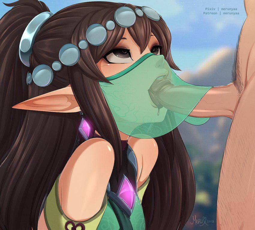 1boy artist_name bare_shoulders black_eyes black_hair circlet day elf eyeshadow fellatio female gem hair_between_eyes jewelry long_hair looking_up makeup mouth_veil oral outdoors patreon_username penis pointy_ears ponytail saliva solo_focus straight uncensored veil