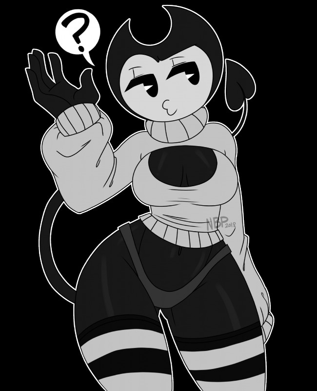 ?, 1girls, 2018, 2018s, alpha channel, ass, bedroom eyes, belly button, bendy, bendy and the ink machine, bendy fem, bendy the dancing demon, big ass, big breasts, big butt, black background, black body, black eyes, black skin, black tail, breasts, cleavage, cleavage cutout, clothed, clothing, crop top, crossgender, curvy figure, cutout, demon, demon tail, dialogue, digital art, digital drawing, digital drawing (artwork), digital media, digital media (artwork), digital painting, digital painting (artwork), exclamation point, eyelashes, female, female focus, female only, front view, genderswap, genderswap (mtf), grey panties, grey underwear, half-closed eyes, hi res, horns, humanoid, keyhole turtleneck, mammal, midriff, monochrome, mtf crossgender, narrowed eyes, navel, nightmarebearpuff, open sweater, pac man eyes, panties, pie cut eyes, question mark, raised hand, rule 63, rule63, shirt, simple background, solo, solo female, solo focus, speech bubble, standing, stockings, striped legwear, striped stockings, striped thigh highs, striped thigh socks, striped thighhighs, stripes, sweater, tagme, tail, thick thighs, thigh highs, thigh socks, thighhighs, thighs, toony, topwear, transparent background, turtleneck, turtleneck sweater, video games, voluptuous, voluptuous female, white face, white skin, white sweater, wide hips