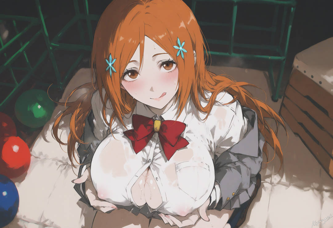 1girls, ai generated, bleach, breasts, breasts bursting out, breasts visible through clothing, female, holding breasts, inoue orihime, kizirugai, large breasts, licking lips, nipples visible through clothing, on knees, orange hair, school uniform, storeroom, tight clothing, transparent clothing, wet shirt