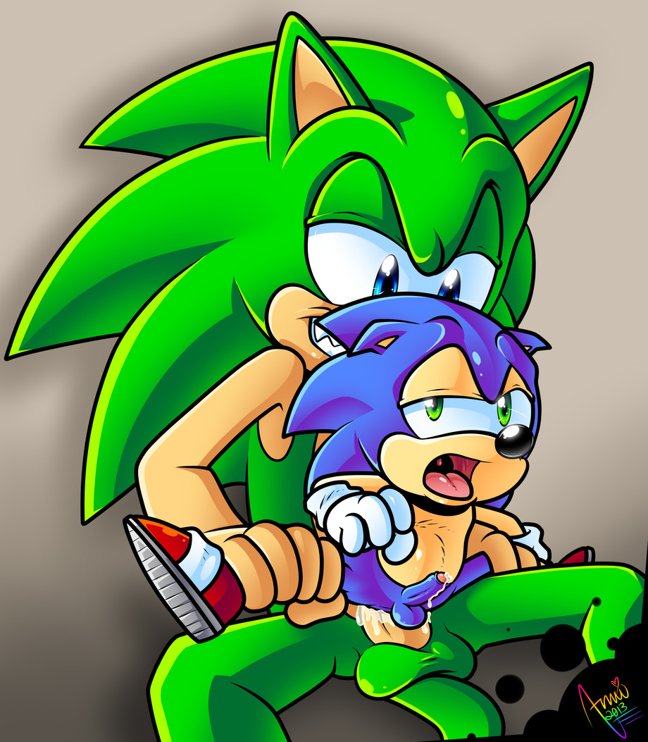 2013 amuzoreh anal anal_sex anthro balls blue_eyes blue_hair cum cum_in_ass cum_inside fur green_body green_eyes hair hedgehog male male_only multiple_males open_mouth penetration penis scourge_the_hedgehog sega sex sonic_(series) sonic_the_hedgehog stomach_bulge teeth yaoi