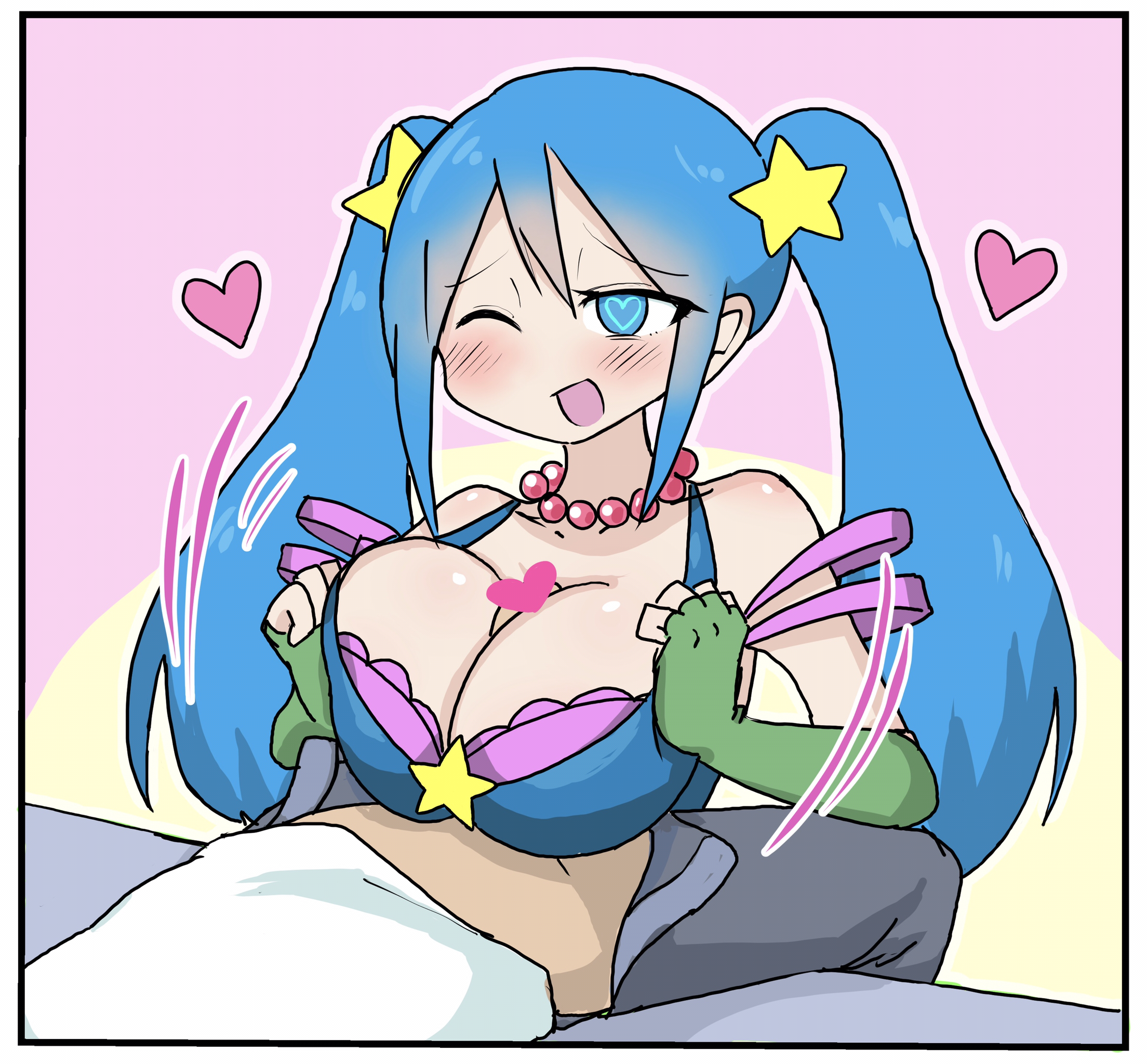1girls, blue eyes, blue hair, blue-eyed female, blue-haired female, boobjob, boobs, breasts, censored, female, hair between eyes, heart censor, heart-shaped pupils, league of legends, male, one eye closed, open mouth, paizuri, sona buvelle, titjob, tits, twintails, white-stew, woman