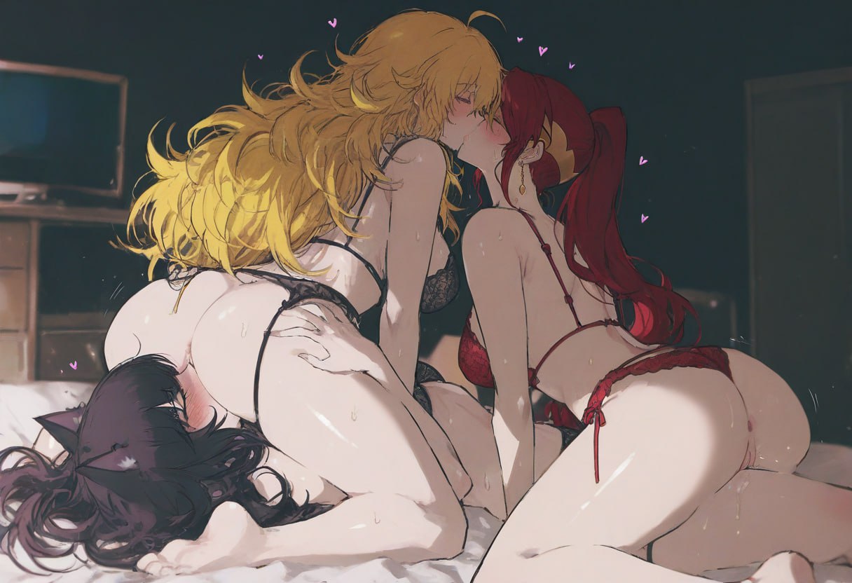 3girls, ai generated, ass, ass focus, big ass, big breasts, blake belladonna, blush, breasts, cat ears, closed eyes, cunnilingus, dripping pussy, eating pussy, facesitting, female, female only, kissing, kizirugai, lesbian sex, light skin, light-skinned female, lingerie, pussy, pussy juice, pyrrha nikos, rwby, threesome, wet pussy, yang xiao long, yuri