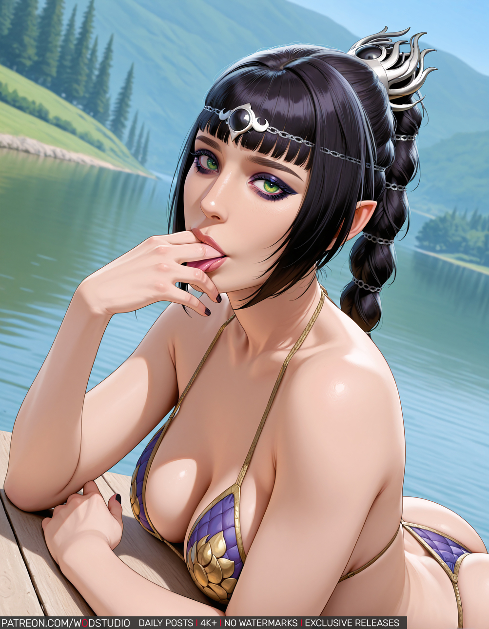 ai_generated ass baldur&#039;s_gate baldur&#039;s_gate_3 bangs bare_shoulders beach bikini black_hair blue_bikini blue_sky blue_swimsuit blunt_bangs bracelet braid breasts circlet clavicle cleavage clothing cloud day earrings elf eyeshadow female female_only finger_in_own_mouth fingernails green_eyes hair_ornament halterneck high_resolution jewelry lake large_breasts licking lips lipstick long_hair looking_at_viewer makeup medium_breasts mole nail_polish navel nose ocean original outdoors palm_tree parted_lips pointed_ears purple_bikini purple_swimsuit red_lips sand shadowheart shadowheart_(baldur&#039;s_gate) sky smile solo swimsuit thighs thong thong_bikini thong_swimsuit tied_hair tree twin_braids water wodstudio