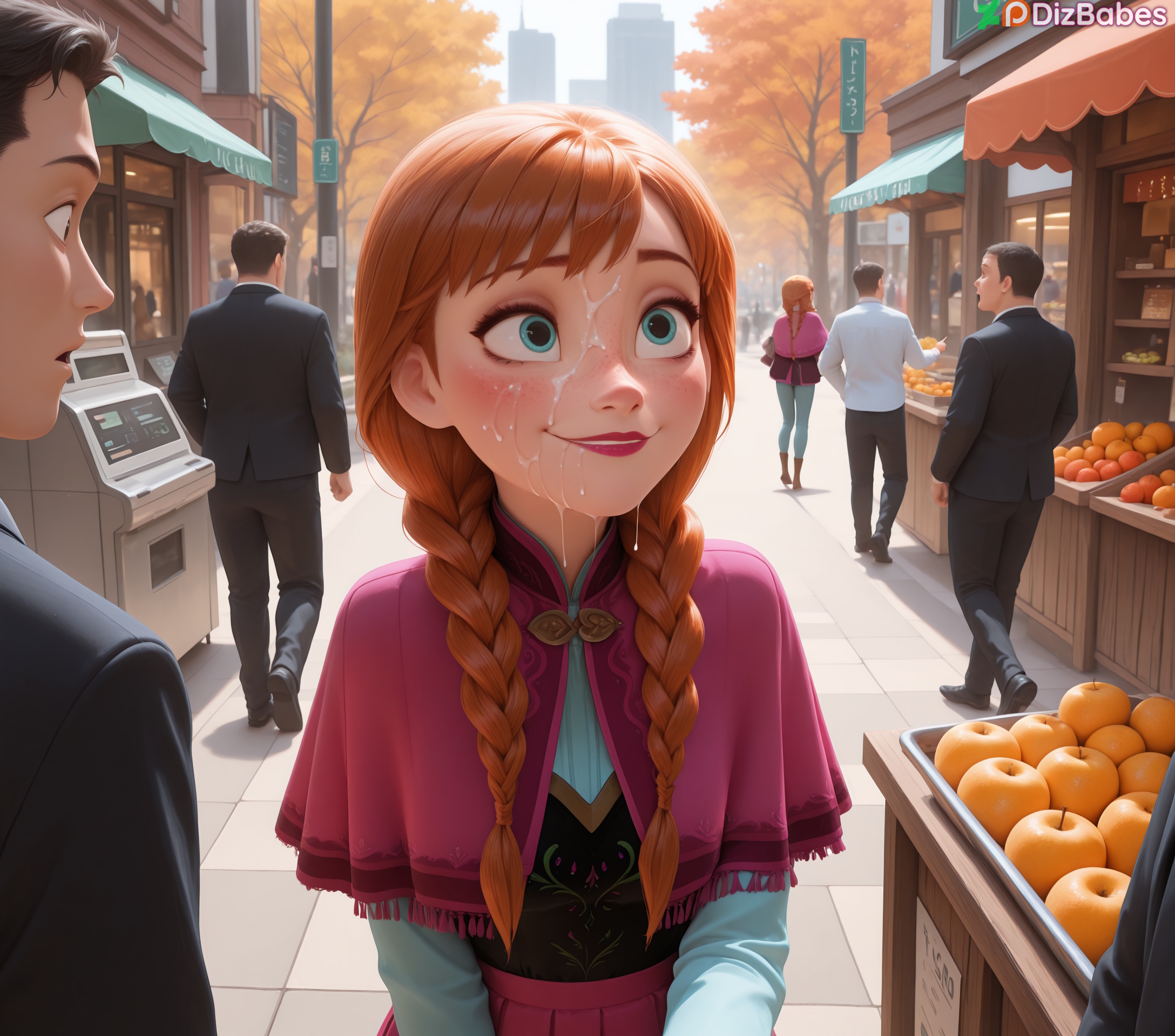 1girls, ai generated, anna (frozen), blue eyes, blush, clothing, cum, cum on face, cumwalk, disney, disney princess, dizbabes, dress, facial, female, freckles, freckles on face, frozen (film), fully clothed, ginger, ginger hair, happy, kneeling, lipstick, low twintails, makeup, orange hair, outdoors, public, public indecency, smile, stable diffusion, walking, walking towards viewer