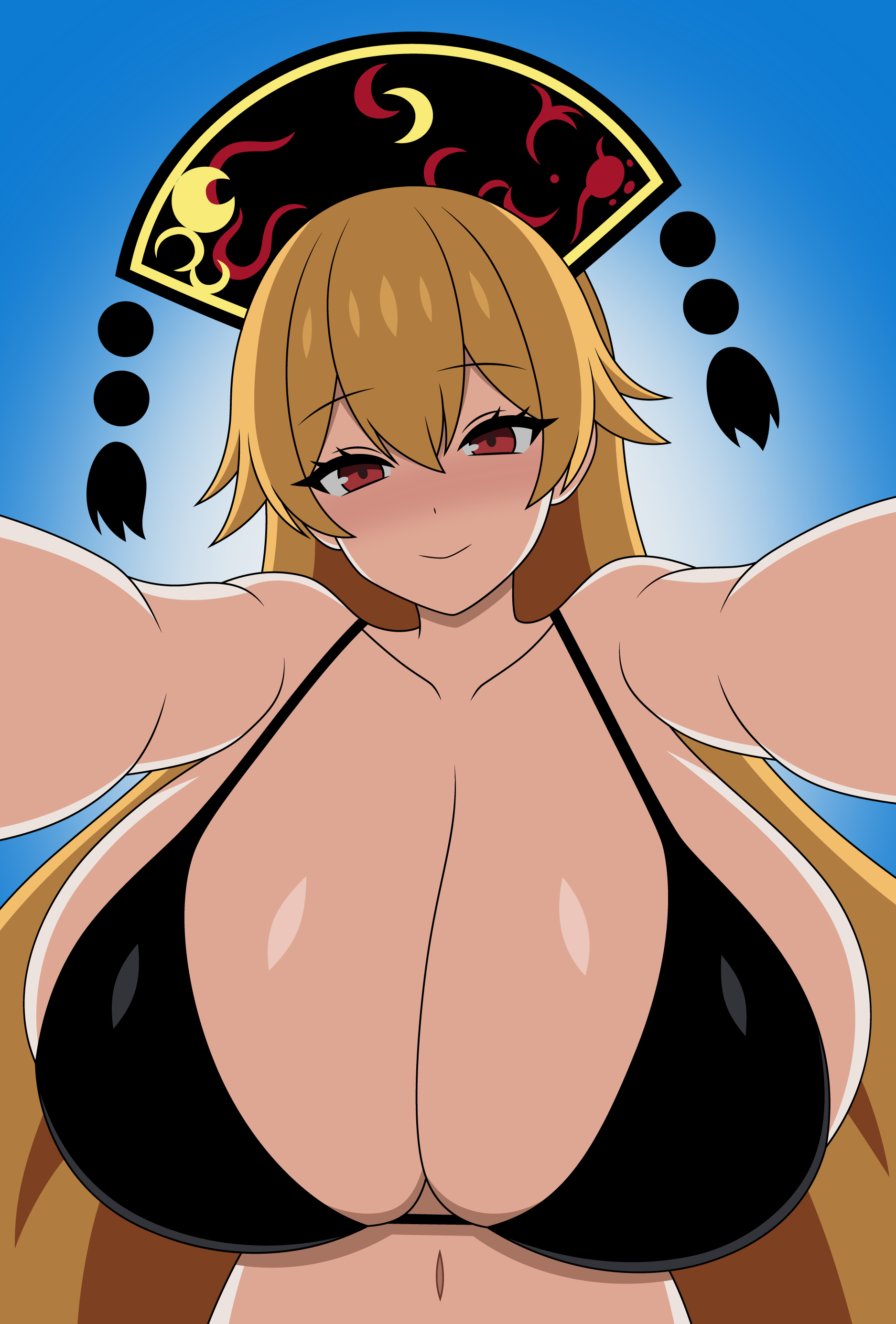 1girls, absurd res, areolae, bikini, blush, breast focus, breasts, breasts bigger than head, eye contact, female, headwear, huge breasts, junko (touhou), large breasts, long hair, looking at viewer, midriff, milf, navel, pov, red eyes, simple background, solo, solo female, ssaf seibeupail, swimsuit, touhou