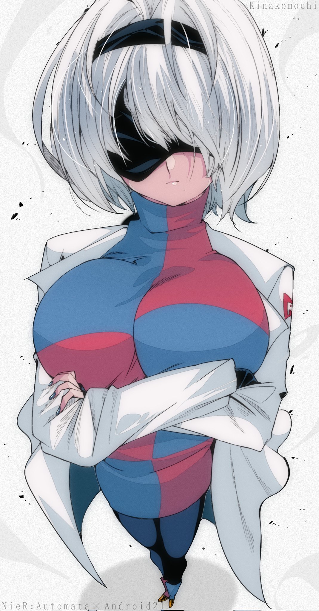 1girls, android, android 21 (cosplay), android girl, big breasts, breasts, dragon ball, dragon ball fighterz, female, female focus, female only, large breasts, nier, nier (series), nier: automata, omochi db, solo, solo female, solo focus, white hair, white hair female, yorha 2b