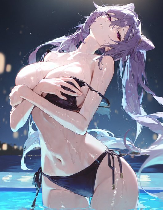 ai generated, bellmod3, breasts, covering breasts, female, genshin impact, holding bikini top, keqing (genshin impact), pool, swimsuit, wet, wet body