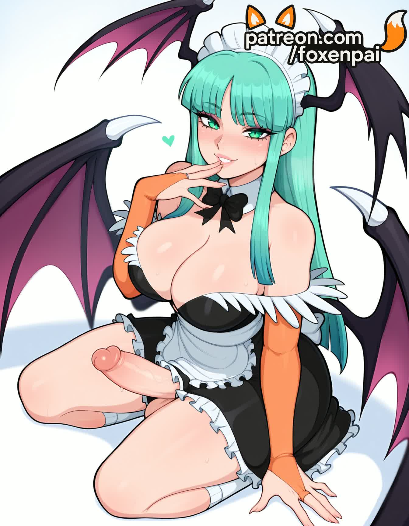 1futa, 2025, ai generated, angel and devil, apron, artist name, balls, bat, bat ears, bat hair ornament, bat print, bat wings, big breasts, big chest, black wings, blunt bangs, breasts, bust, busty, chest, cleavage, cock, darkstalkers, demon boy, demon girl, demon horns, demon tail, demon wings, detached wings, dick, dragon wings, enmaided, erection, eyebrows visible through hair, fake wings, female, female to futa, foreskin, foxenpai, futa transformation, futa vampire, futanari, genderswap (fti), green eyes, green hair, halloween, halloween costume, head wings, heart, hi res, high quality, high resolution, highres, intersex, large breasts, long hair, low wings, maid, maid apron, maid headdress, maid uniform, morrigan aensland, multi wing, patreon, patreon username, penis, penis under dress, precum, purple wings, red wings, rule 63, smile, solo, spread wings, stable diffusion, succubus, succubus wings, testicles, transformation, uncensored, uncircumcised, vampire, vampire costume, waist apron, watermark, white apron, wings