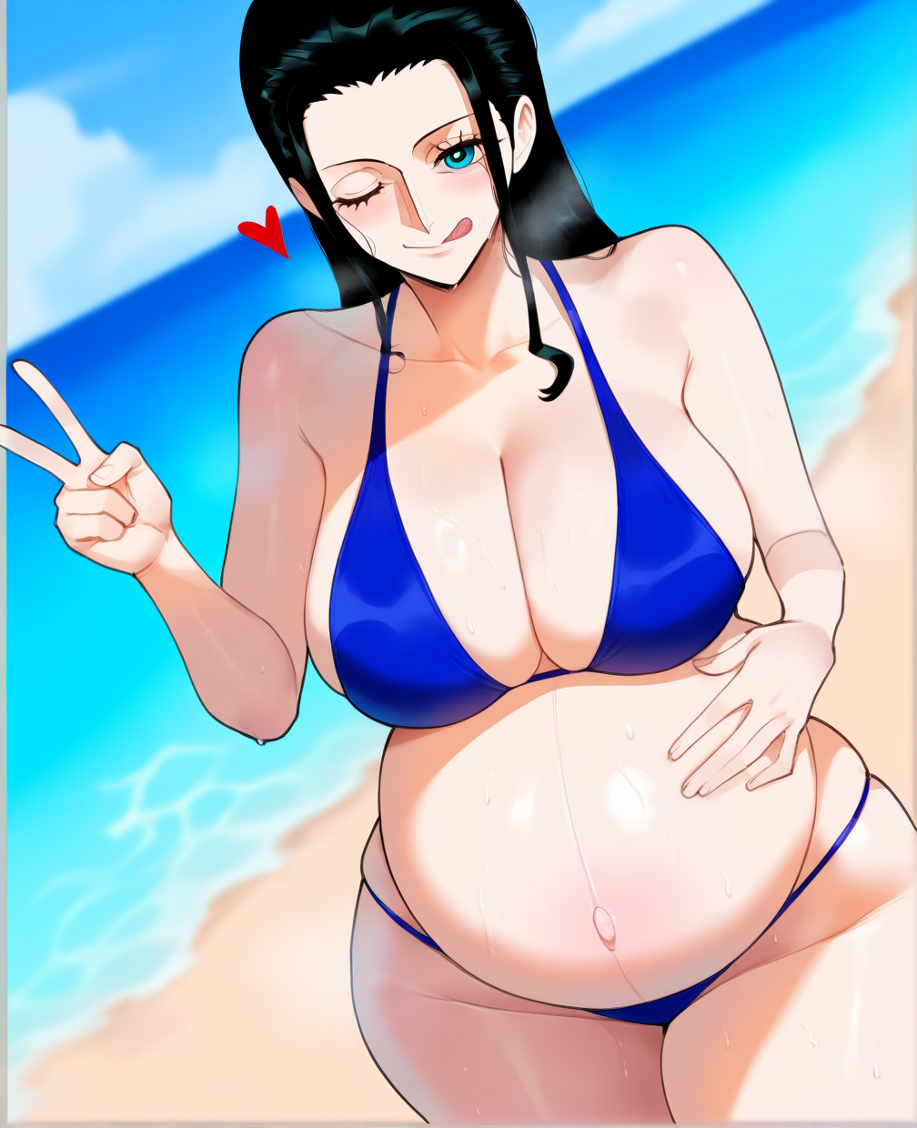 after_sex ai_generated beach bikini bikini_bottom bikini_top black_hair erodreams large_breasts licking_lips nico_robin ocean one_piece peace_sign pregnant pregnant_belly pregnant_female sand sweat sweatdrop thick_thighs wet wink