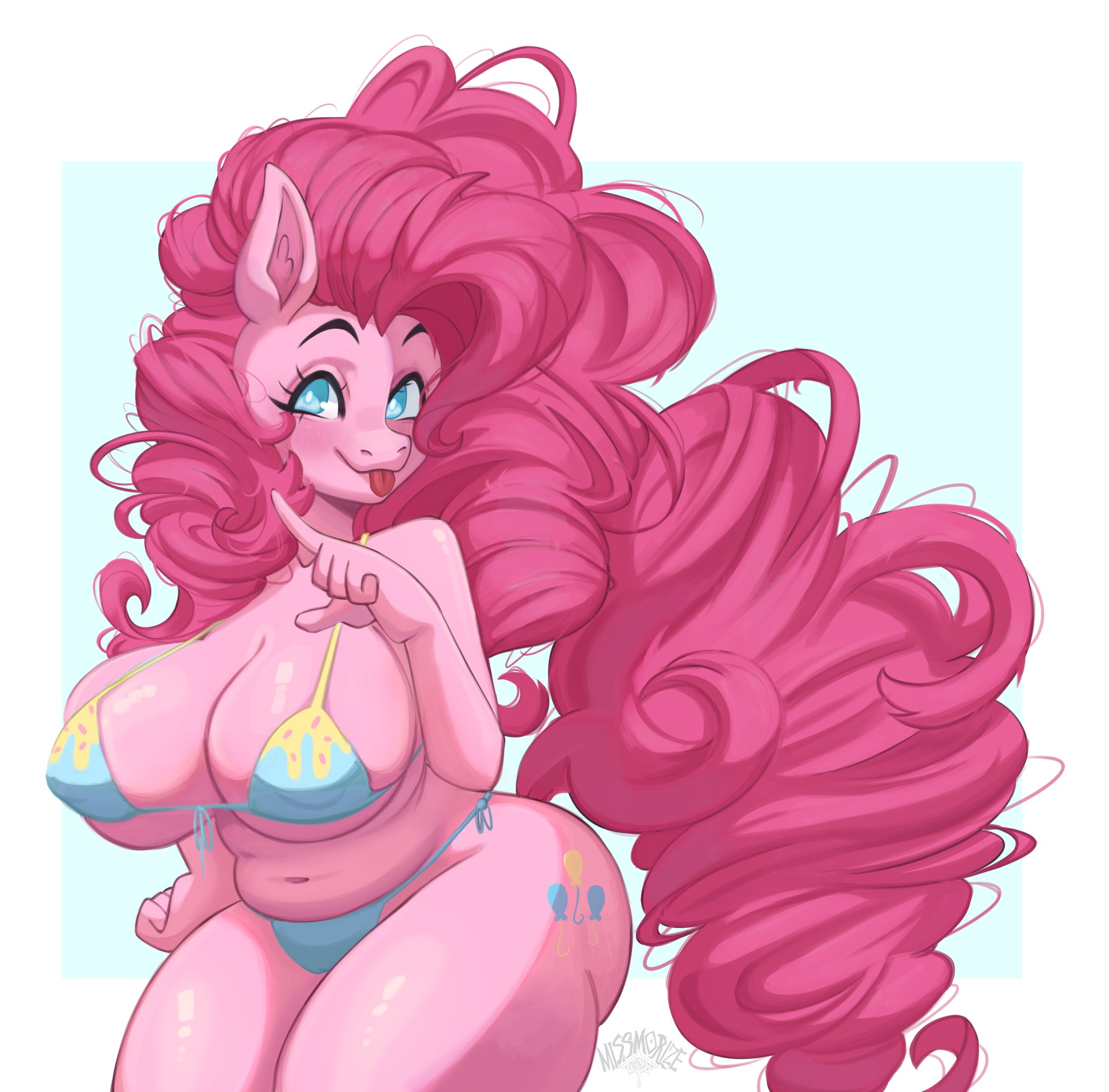 1girls, anthro, ass, belly, belly button, big ass, big breasts, bikini, blue eyes, breasts, cutie mark, female, female only, friendship is magic, horse ears, horse girl, long hair, missmorize, my little pony, pink body, pink hair, pinkie pie (mlp), smile, smiling, solo, solo female, thick thighs, thighs, tongue