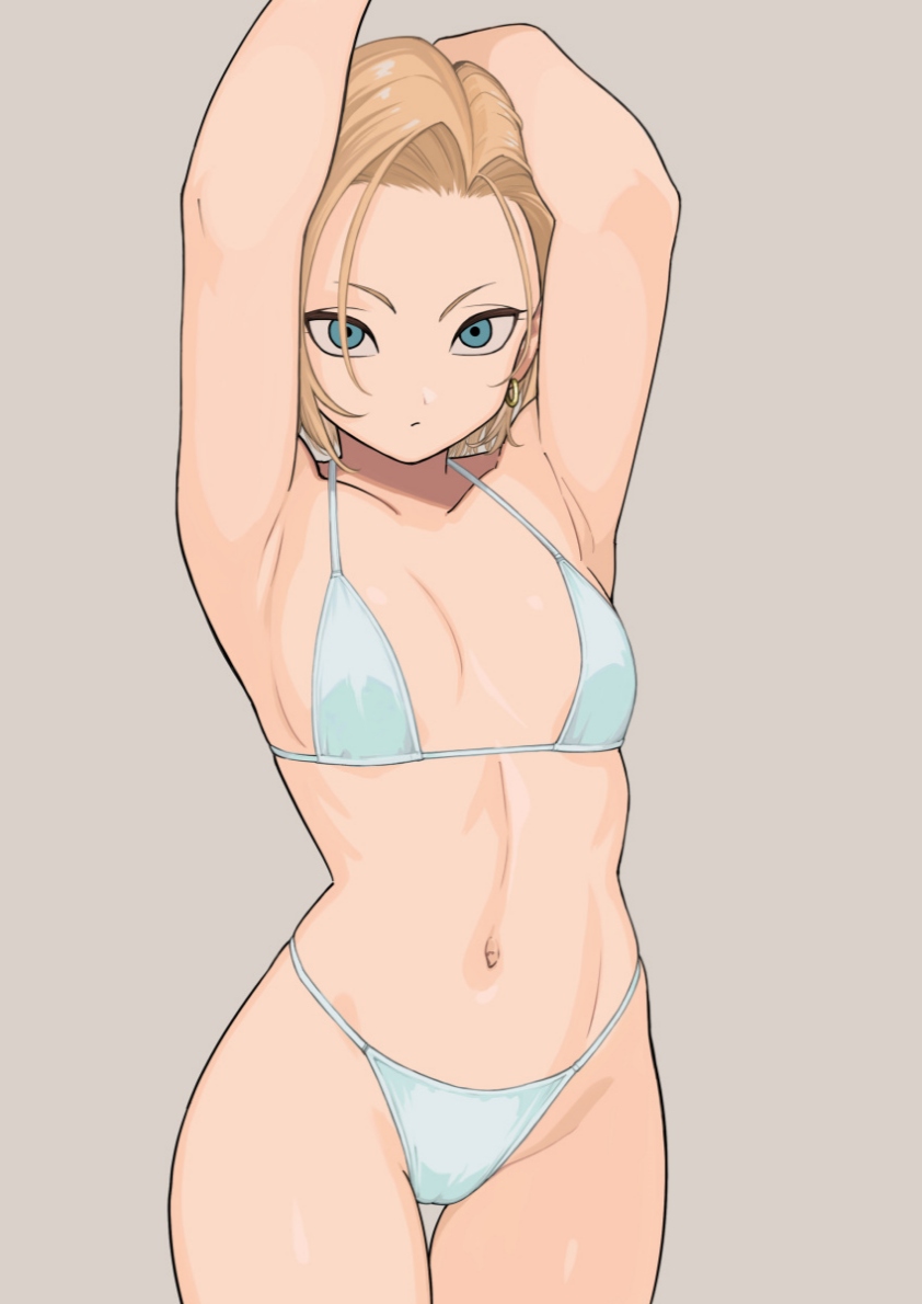 1girls, android 18, armpits, arms behind head, arms up, bikini, bikini bottom, bikini top, blonde hair, blue eyes, breasts, cowboy shot, dragon ball, dragon ball z, earrings, female, jewelry, navel, short hair, small breasts, solo, swimsuit, thigh gap