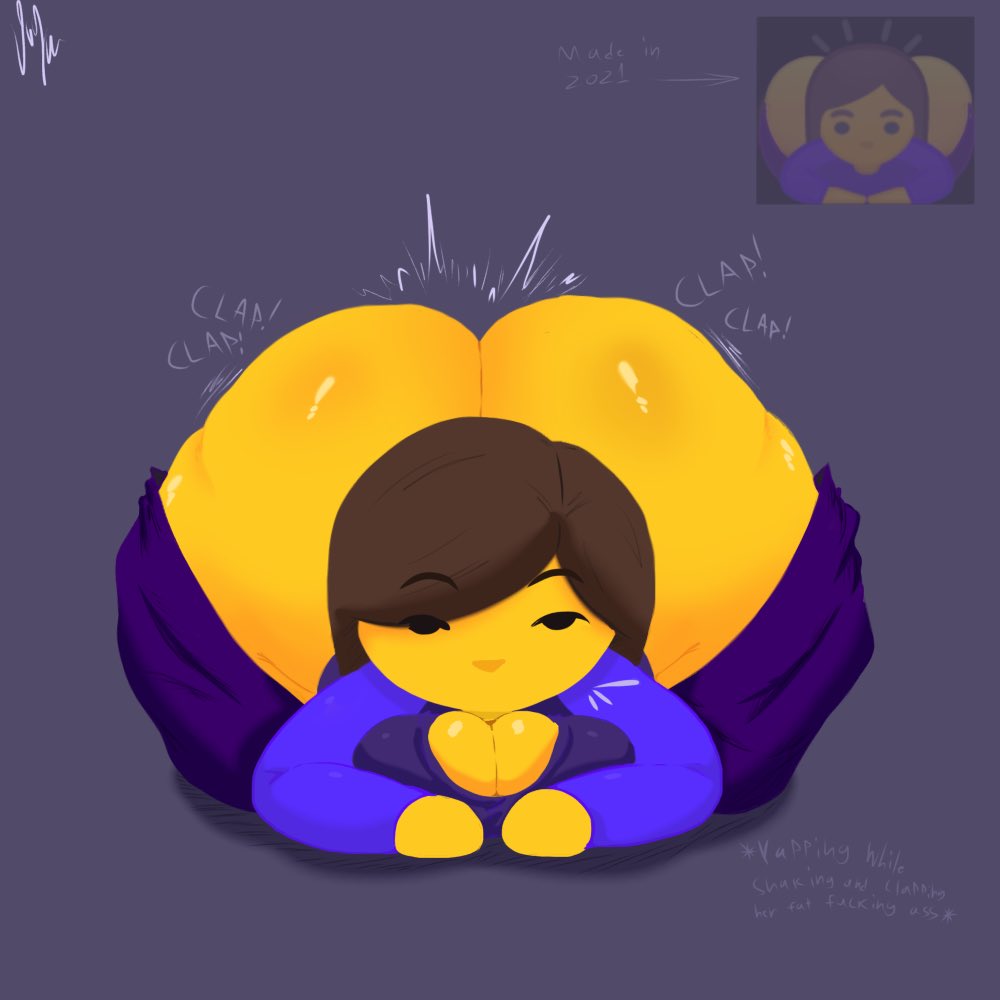 ass, big ass, big butt, breasts, brown hair emoji, clapping cheeks, crawling, dogeza, emoji, emoji (race), female, giygal, kneeling, medium breasts, pulling pants down, simple background, yellow skin