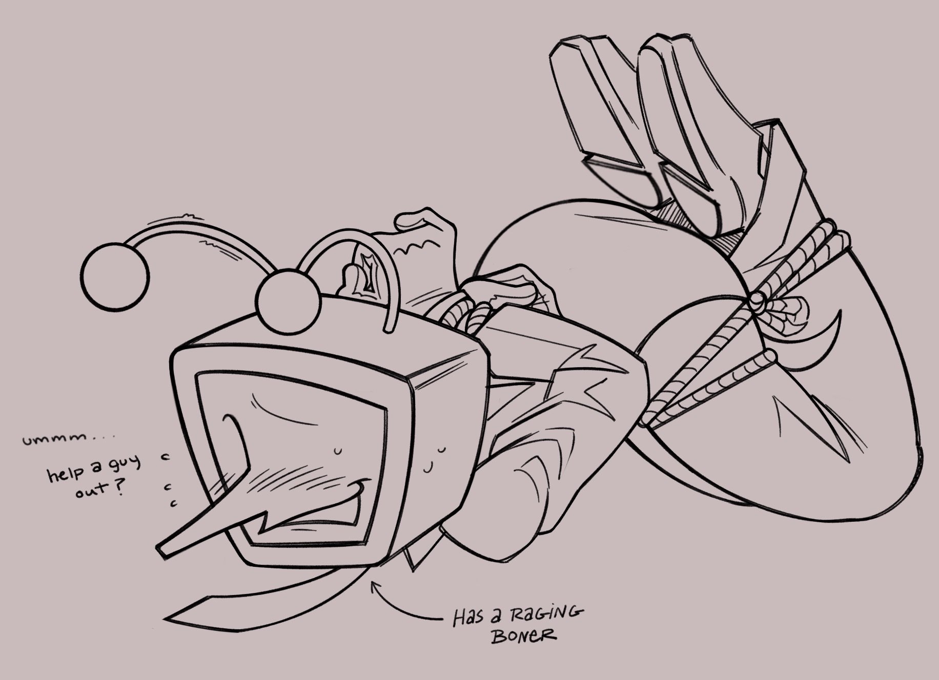 1boy, antennae (anatomy), blush, bondage, boner, clothed, deltarune, deltarune chapter 3, dialogue, gloves, laying down, line art, male, male only, nervous smile, nervous sweat, shoes, solo, suit, suit and tie, tenna (deltarune), tie, tied up, tv head