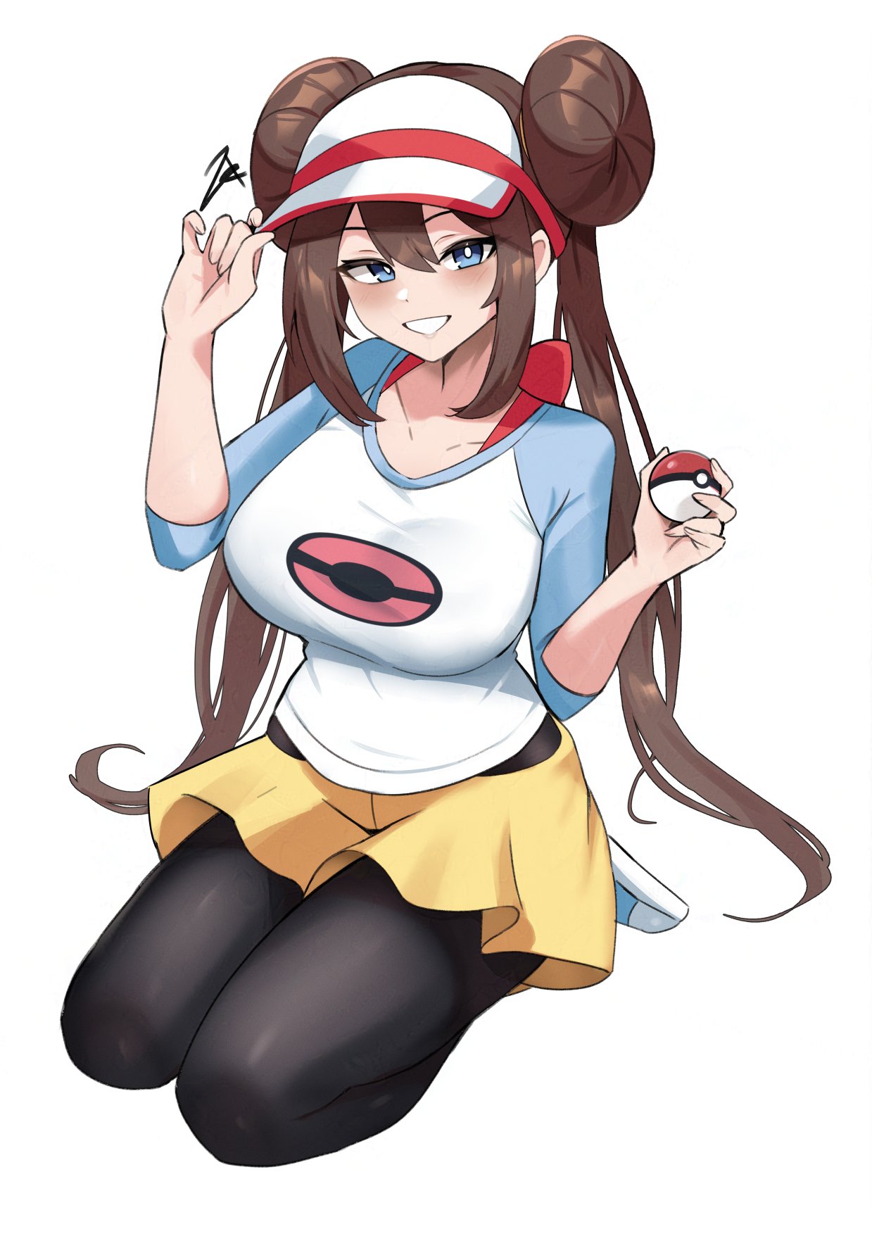black pantyhose, blue eyes, blush, breasts, brown hair, donut hair bun, double bun, female, female only, hair bun, hat, highres, holding, large breasts, long hair, looking at viewer, open mouth, pantyhose, pantyhose under shorts, pokemon, pokemon bw2, raglan sleeves, rosa (pokemon), shirt, shorts, simple background, skirt, smile, solo, twintails, visor cap, yellow shorts, yellow skirt, zet (twt zet)