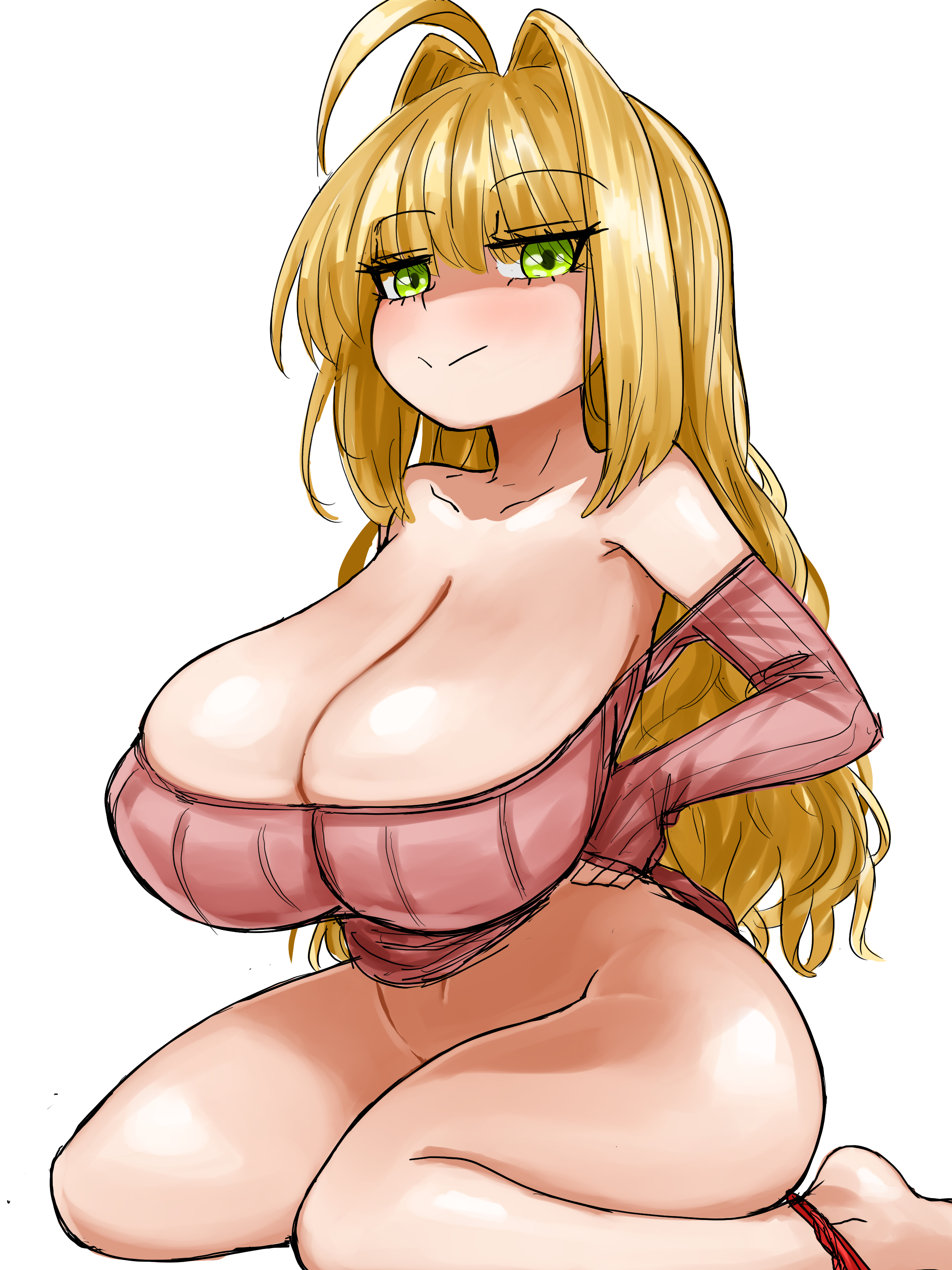 1girls, ahoge, blonde hair, blush, bottomless, breasts, cleavage, fate (series), fate/extra, fate/grand order, female, female only, green eyes, hand on hip, huge breasts, light skin, light-skinned female, looking at viewer, nero claudius (fate), panties around one leg, seductive, shaded, shoulders, simple background, steamingtofu, thick thighs, white background, wide hips