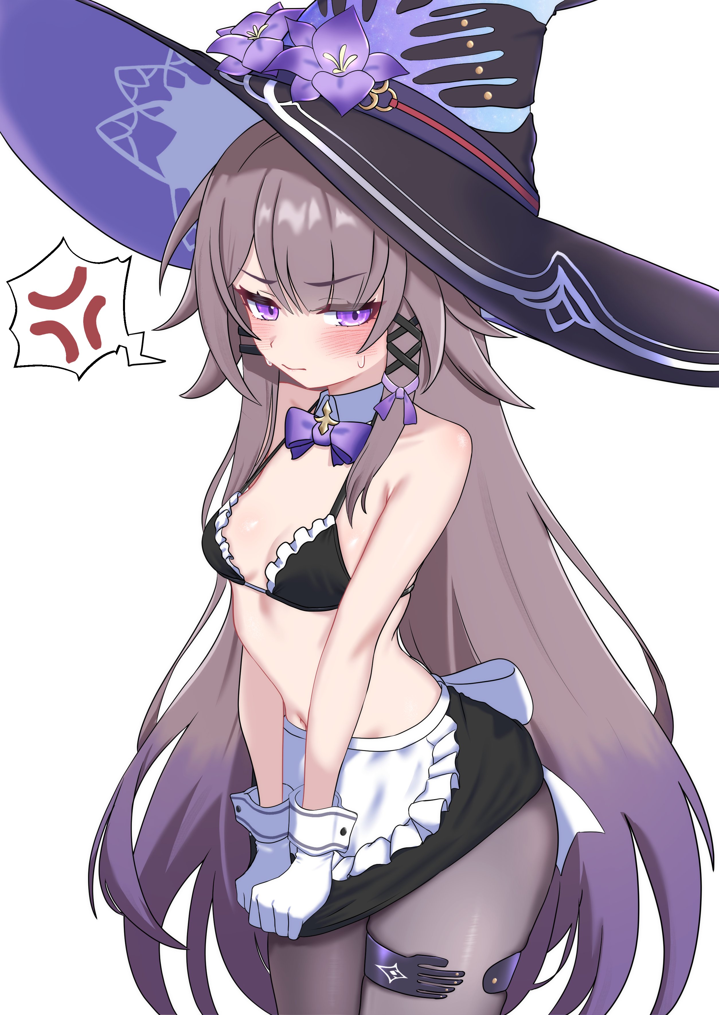 1girls, anger vein, angry, blush, breasts, covering crotch, embarrassed, female, honkai: star rail, maid bikini, small breasts, sweatdrop, the herta (honkai: star rail)