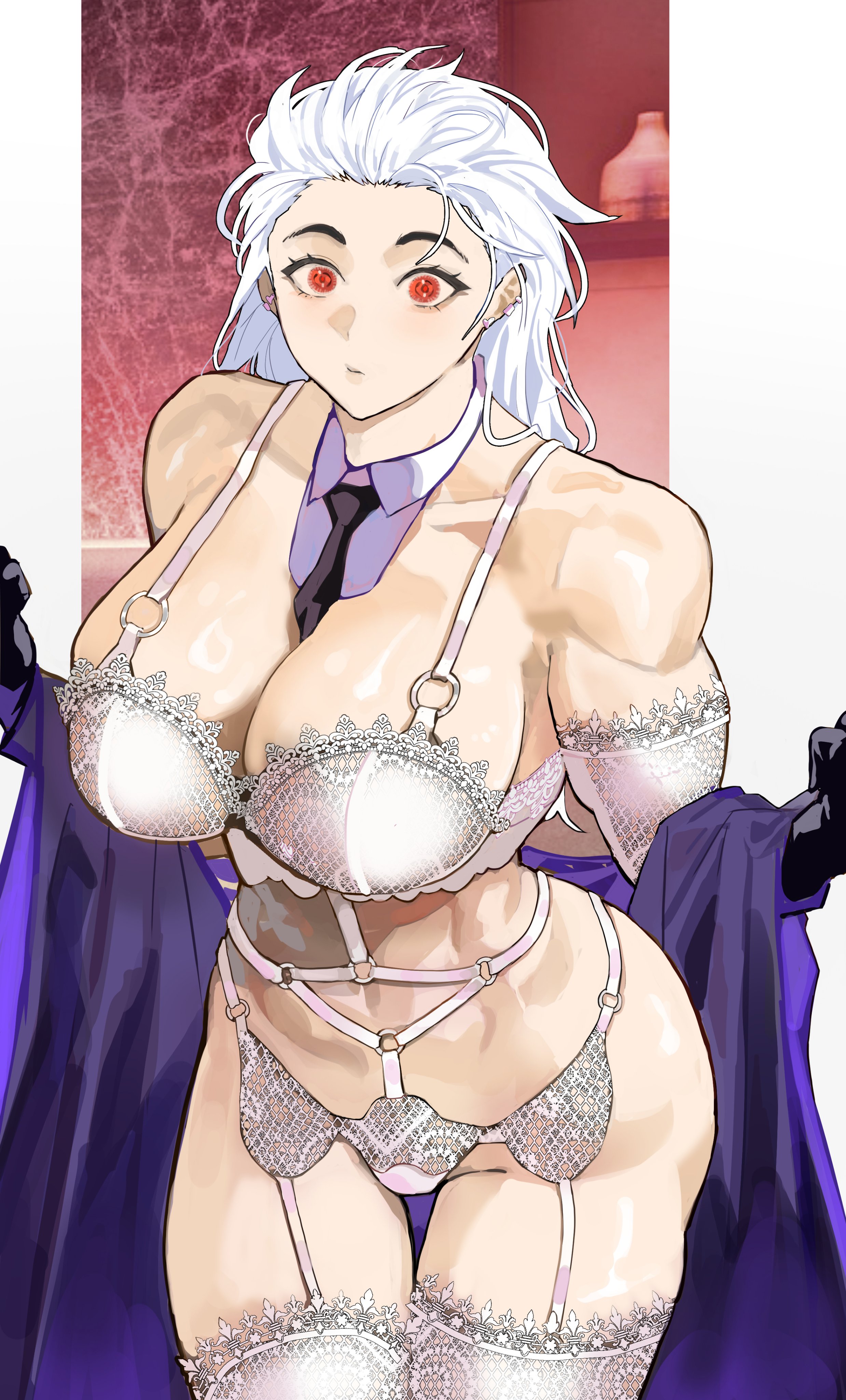 breasts, child bearing hips, curvy female, dorohedoro, female, female abs, female only, huge breasts, light skin, light-skinned female, lingerie only, long-haired female, muscular, muscular female, noi (dorohedoro), ongjolpark, red eyes, white lingerie, white-haired female