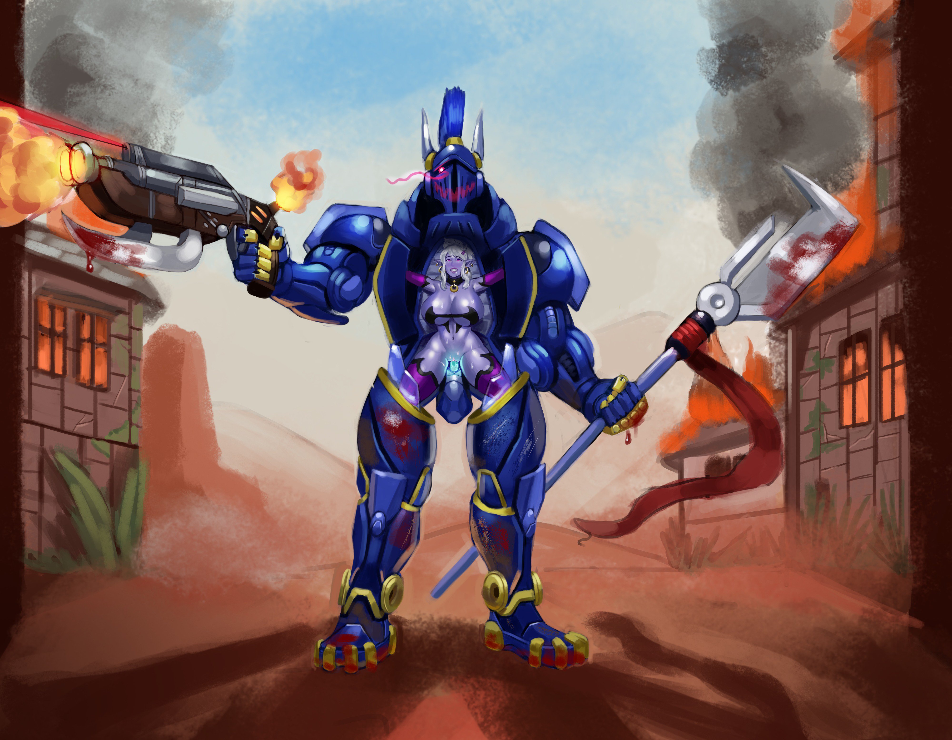 armor, belly riding, big breasts, blood, bondage, breasts, cum, cum in pussy, dark elf, drool, drooling, elf, elf ears, elf female, fanny packing, female, femsub, gun, halberd, huge breasts, knight, large breasts, living armor, living clothes, living trophy, manaworld, mecha, mecha bondage, public humiliation, purple eyes, purple skin, pussy, rape, shadow elf, shinrhydwyn, size difference, syx, trapped in clothing, trophy, undercarriage, vaginal penetration, weapon, white hair