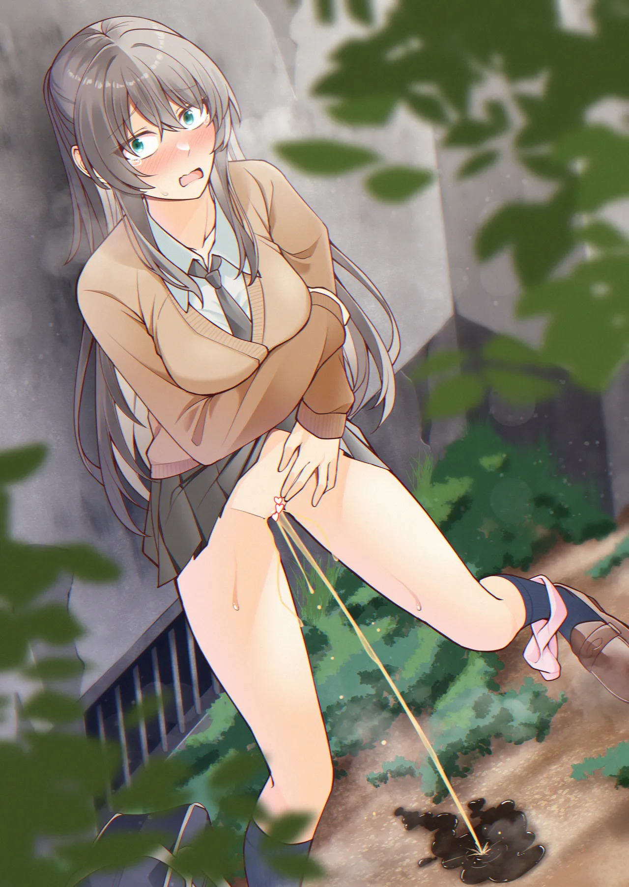 1girls, black hair, blush, breasts, cardigan, caught peeing, female, female only, green eyes, hiding, kabuto1107, large breasts, long hair, necktie, open mouth, original, original character, panties, panties around ankles, panties around one ankle, panties around one leg, pee puddle, peeing, pink panties, puddle, school uniform, skirt, skirt lift, skirt lifted by self, solo, stealth peeing, tears, underwear