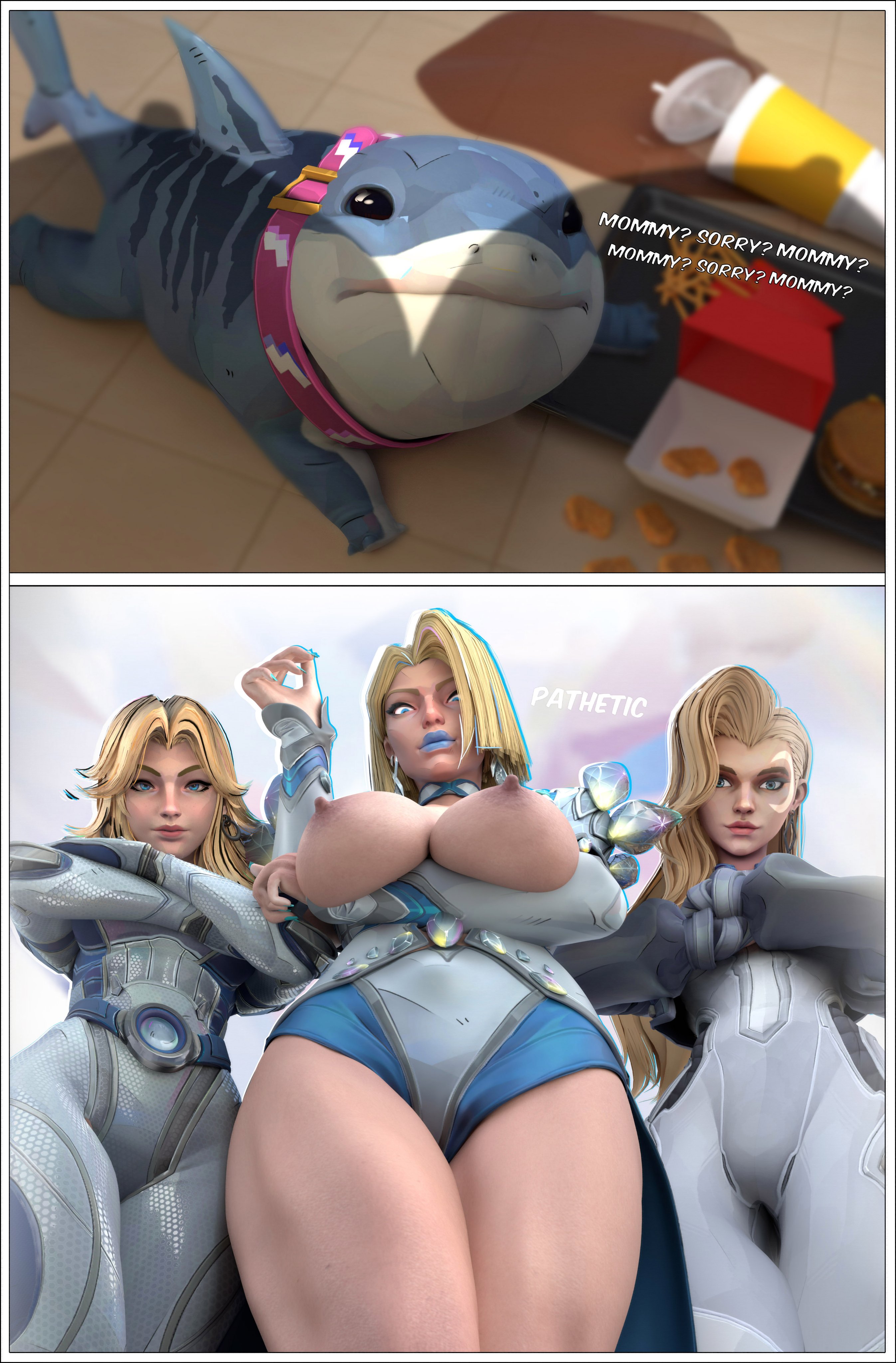 3d, 3girls, accurate art style, areola, arm under breasts, below view, big breasts, blonde eyebrows, blonde female, blonde hair, blue eyes, blue lipstick, blue nails, bob cut, breasts, breasts out, closed mouth, closed mouth smile, crossed arms, dagger (marvel rivals), dagger (marvel), delunax3d, emma frost, emma frost (marvel rivals), eyebrows, eyelashes, female, female focus, femdom, front view, hair behind ear, invisible woman, invisible woman (marvel rivals), jeff the land shark, light skin, light-skinned female, looking at viewer, looking down, low-angle view, marvel, marvel comics, marvel rivals, medium hair, meme, meme request, nipples, pepe spills his food, pink nipples, smile, smiling, sue storm, thick legs, thick thighs, viewed from below