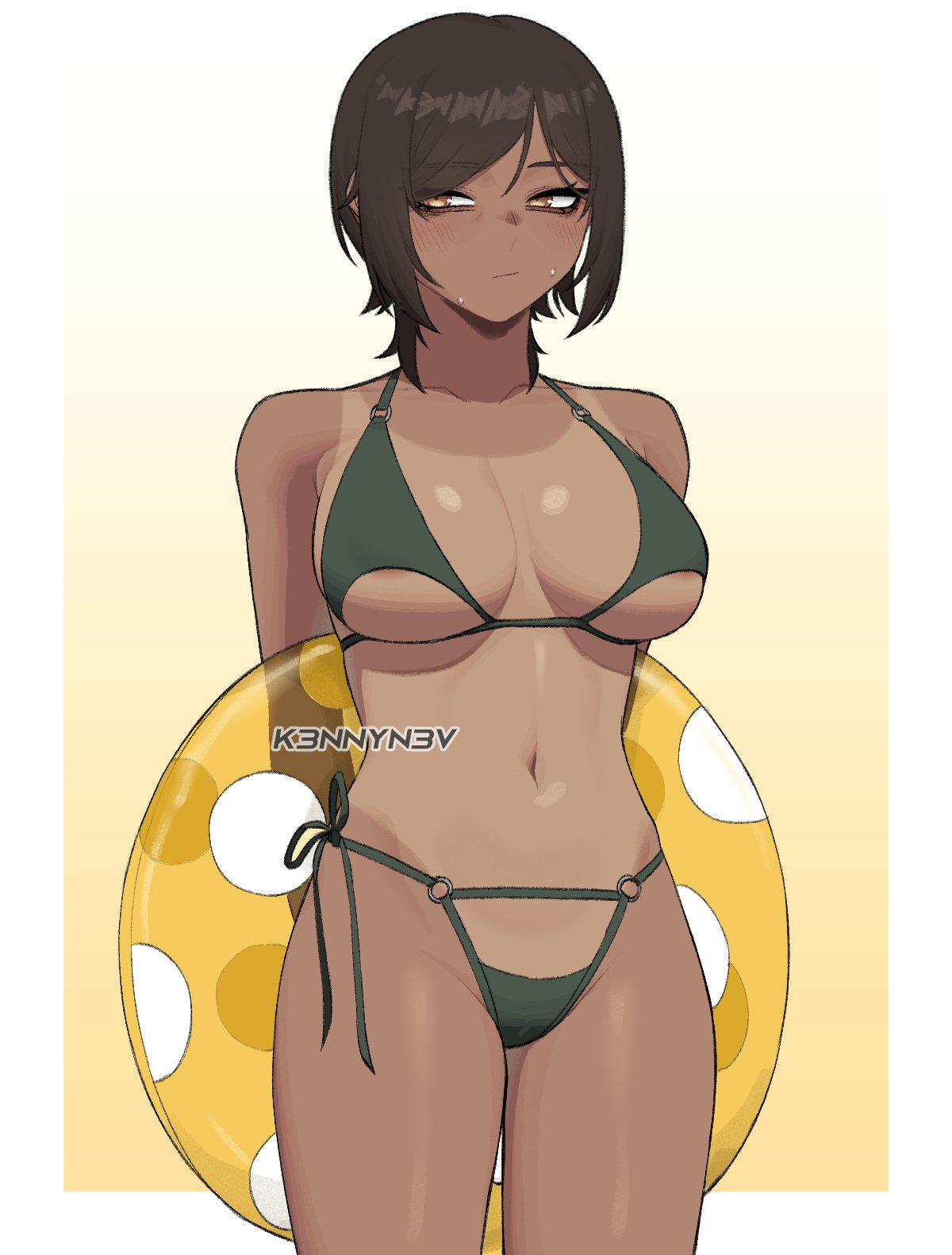 alternate costume, arms behind back, artist name, bikini, border, breasts, brown eyes, brown hair, closed mouth, commentary, dark skin, dark-skinned female, female, green bikini, half-closed eye, highres, holding, holding swim ring, k3nnyn3v, large breasts, lifebuoy, limbus company, mature female, navel, one-piece tan, outis (limbus company), outis (project moon), outside border, project moon, short hair, solo, standing, swim ring, swimsuit, symbol-only commentary, tan, tanlines, white border, yellow background, yellow innertube