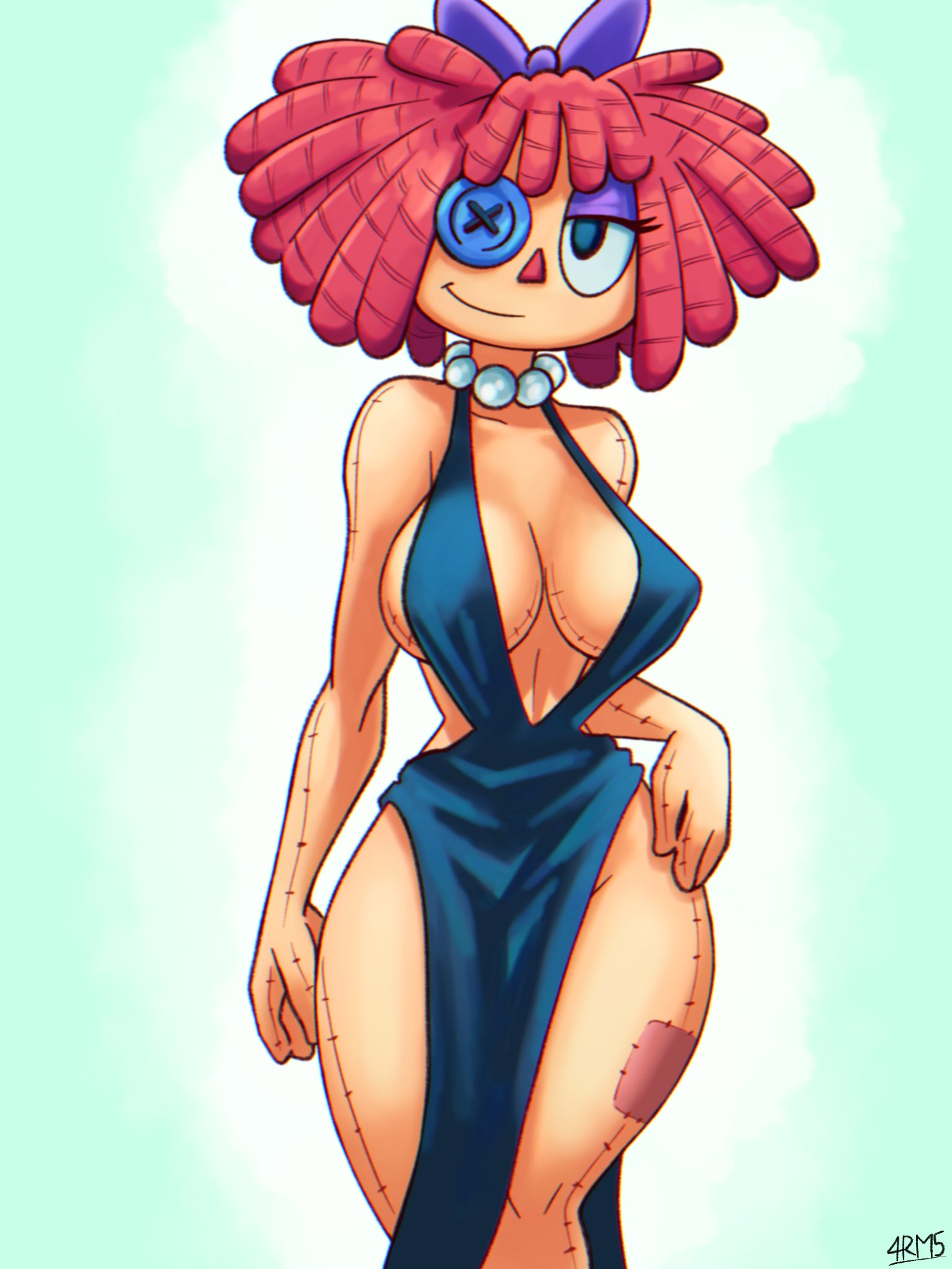 1 eye, 1girls, 4rm5trong, black dress, breasts, doll, doll girl, dress, female, female focus, female only, glitch productions, ragatha (pub outfit), ragatha (the amazing digital circus), red hair, the amazing digital circus
