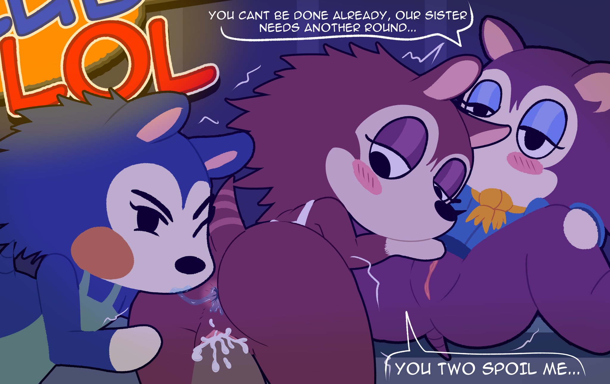 1boy, 3girls, able sisters, animal crossing, anthro, anus, ass, cum, cum in pussy, cum inside, dialogue, digby (animal crossing), doggy style, female, harem, incest, labelle able, looking back, mabel able, male, male pov, nintendo, pov, pussy, sable able, saliva trail, sisters, tail, text, vaginal penetration, weirdkoaladream, yuri