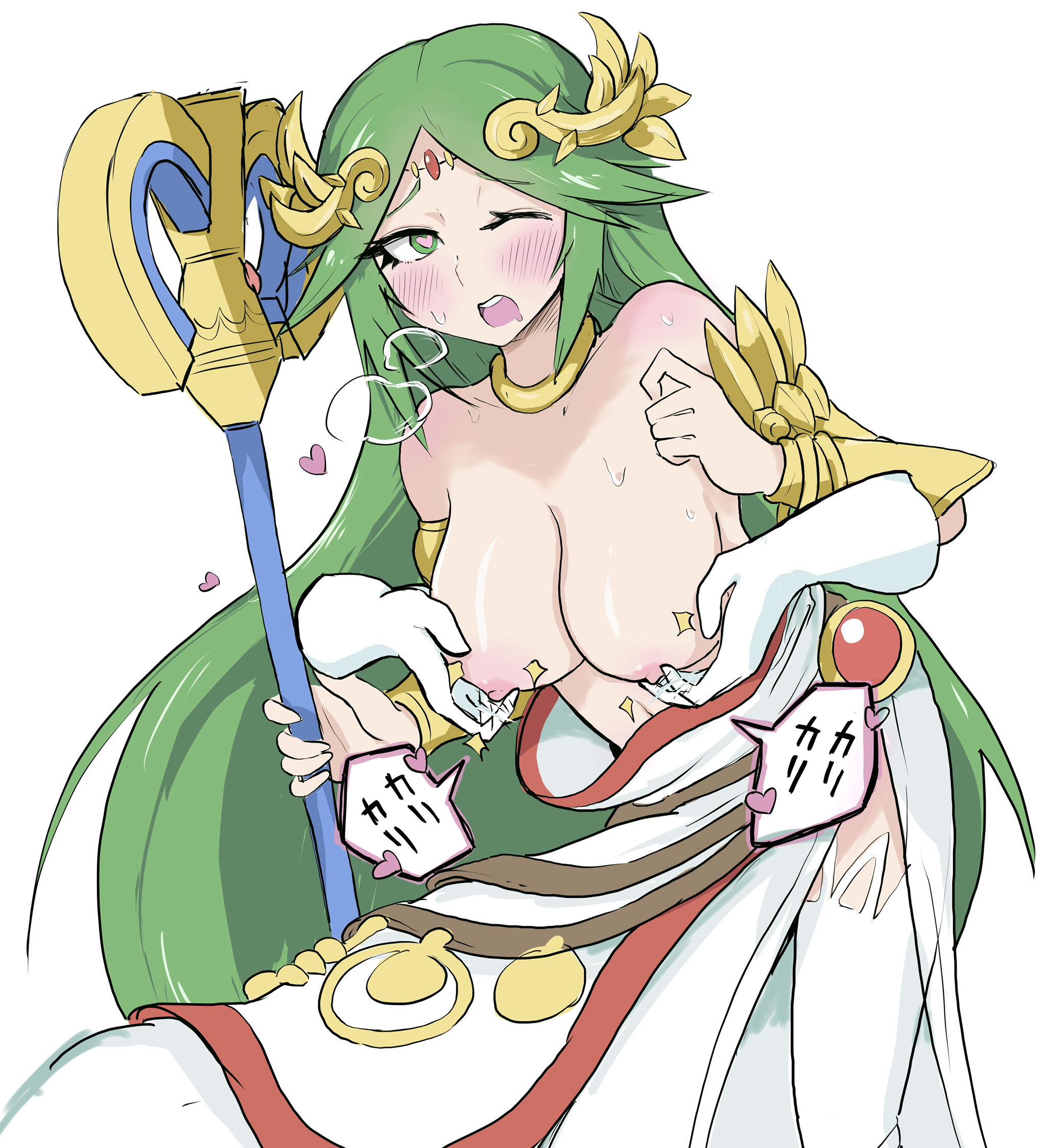 1girls, female, green eyebrows, green eyes, green hair, green-eyed female, green-haired female, heart-shaped pupils, kid icarus, long hair, long-haired female, nipple play, nipples, no bra, one eye closed, open mouth, palutena, simple background, white-stew, woman