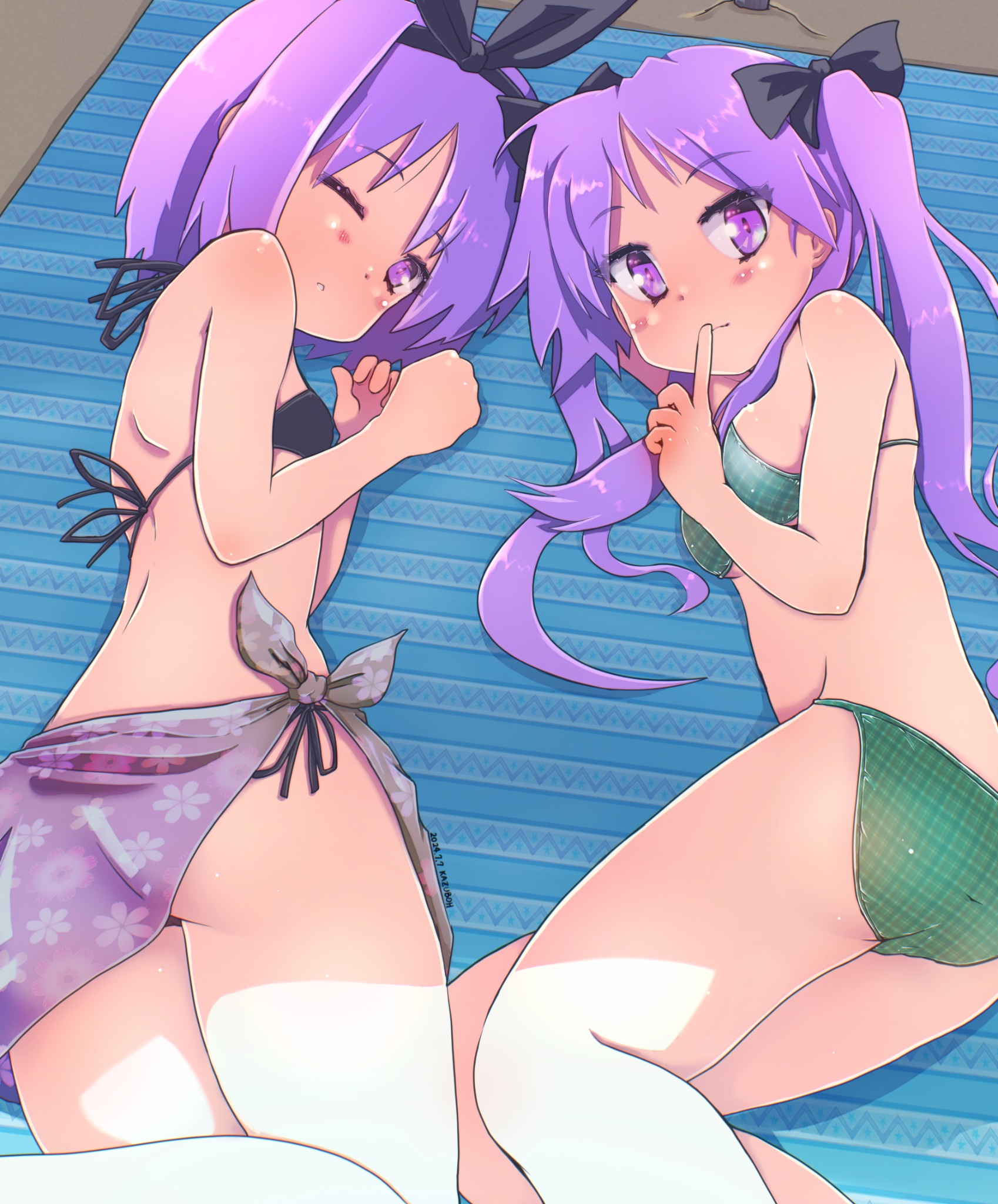 2girls, artist request, bikini, female, hair ribbon, kagami hiiragi, lavender hair, lucky star, lying on ground, lying on side, purple eyes, short hair, swimsuit, tagme, tsukasa hiiragi, very long hair, wink
