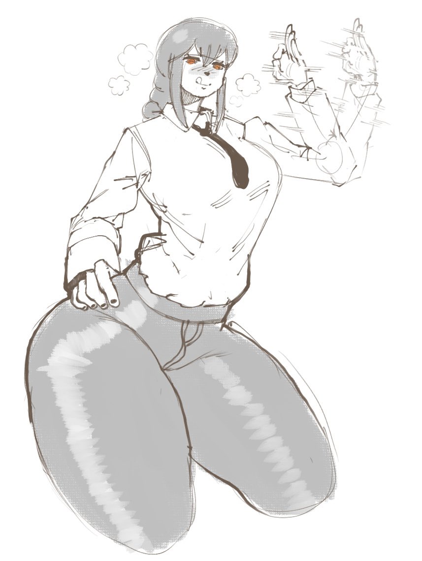blowjob gesture, blush, caliminasty, chainsaw man, curvy, female, freaksawthem, hand on hip, hips, inviting, inviting to sex, makima (chainsaw man), monochrome, panting, plump, ponytail, sketch, steam, steaming body, sweating, taller female, thick thighs, thighs, tied hair, tongue, tongue out, wide hips, yellow eyes