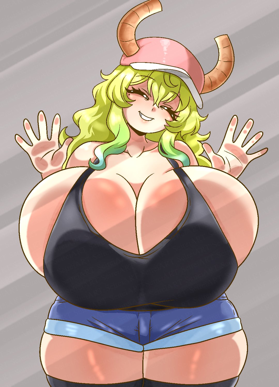 1girls, against glass, big breasts, breasts, breasts bigger than head, cleavage, clothed female, dragon girl, female, hat, horns, huge breasts, kobayashi-san chi no maidragon, light skin, light-skinned female, lucoa, miss kobayashi's dragon maid, multicolored hair, quetzalcoatl (dragon maid), seireiart, shorts, solo, solo female, thick thighs, thighs, yellow hair