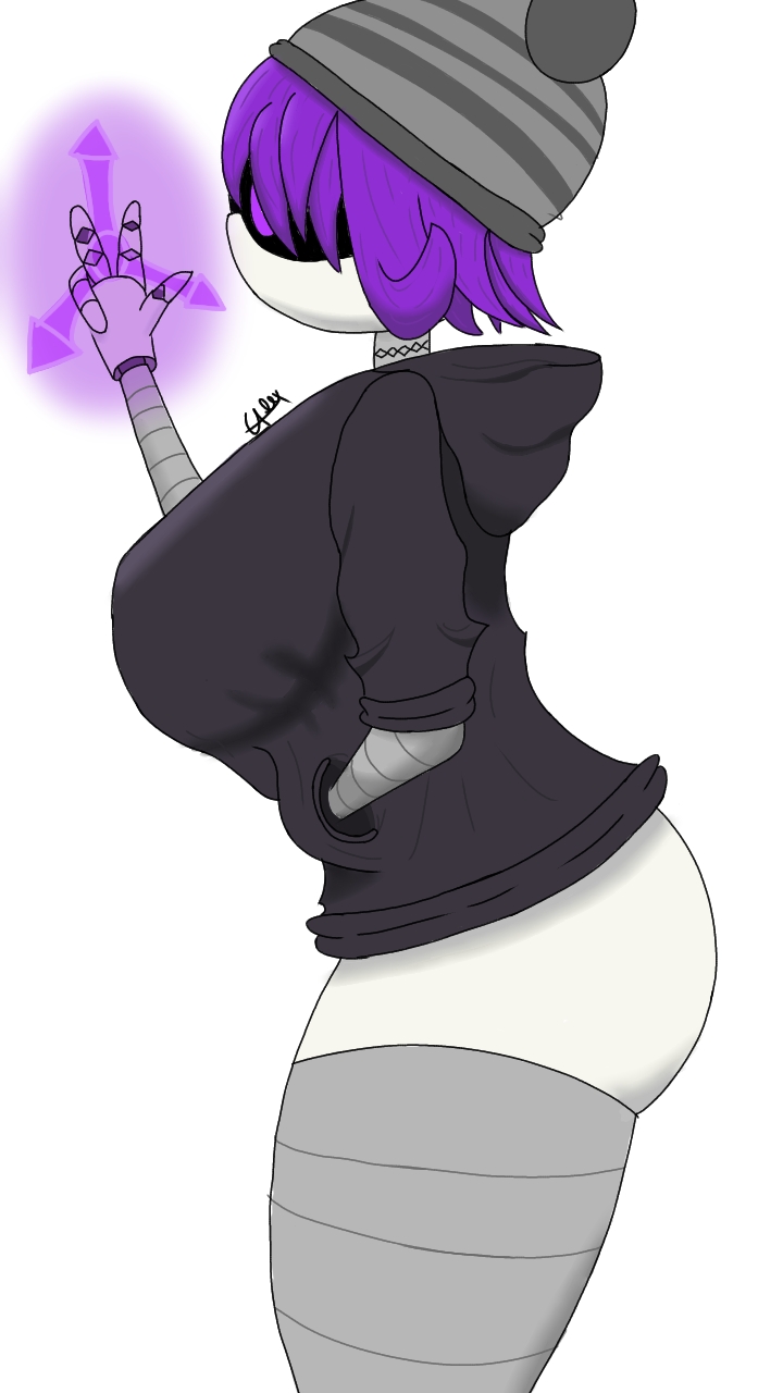1girls, ass, bandages, beanie, big ass, big breasts, big butt, big thighs, black hoodie, bottomless, breasts, clensix 25, clothed, cowboy shot, digital drawing (artwork), digital media (artwork), female, female only, glitch productions, grey thighhighs, hair over eyes, hand in pocket, hood down, hoodie, huge ass, huge breasts, huge butt, humanoid robot, murder drones, purple eyes, purple hair, revealing clothes, robot arm, signature, simple background, thick thighs, thighhighs, underass, uzi (murder drones), white skin