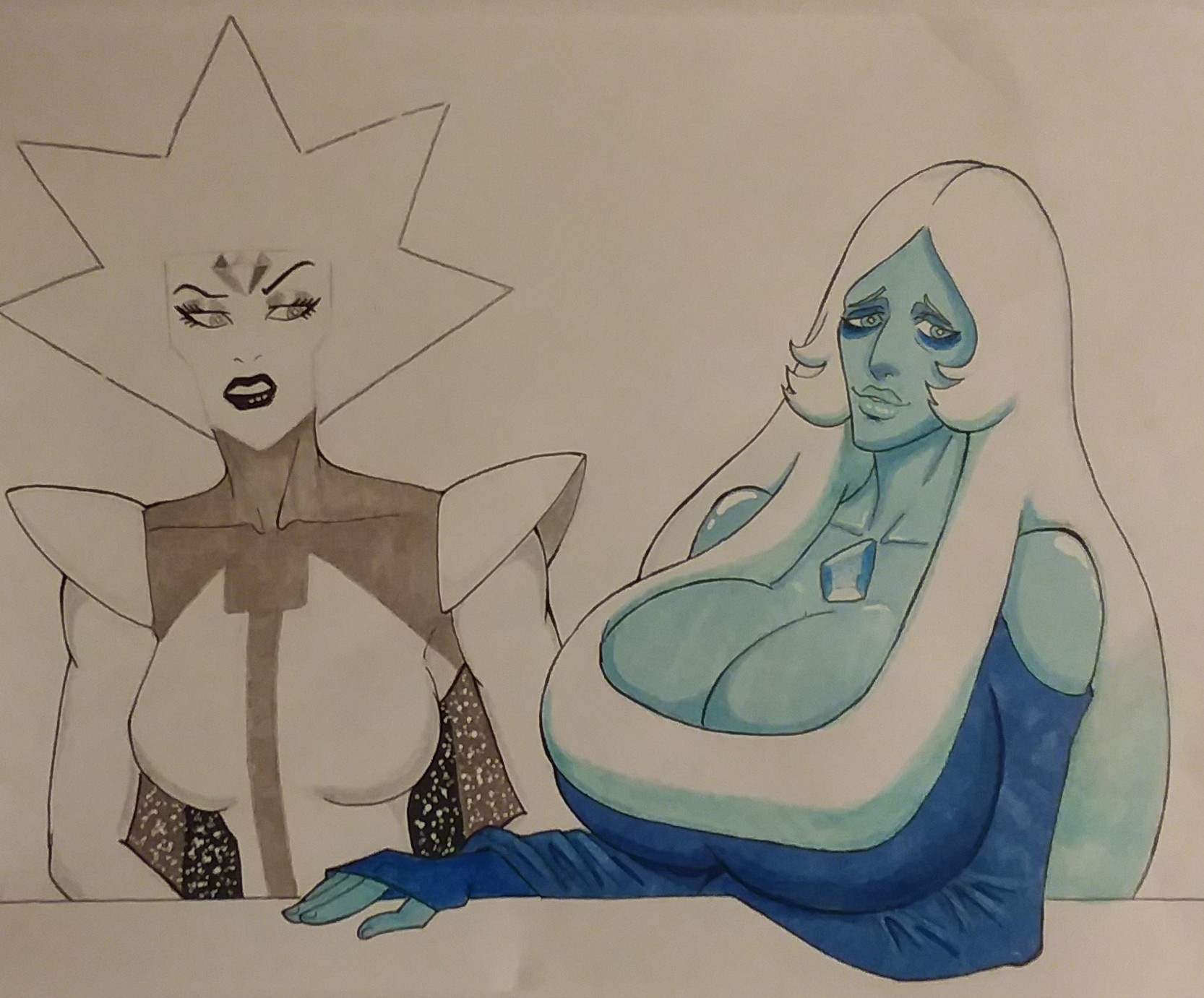 /co/, anonymous artist, blue diamond (steven universe), blue eyes, blue skin, breast envy, breasts, cartoon network, diamond, female, huge breasts, large breasts, lips, nose, steven universe, white diamond (steven universe)