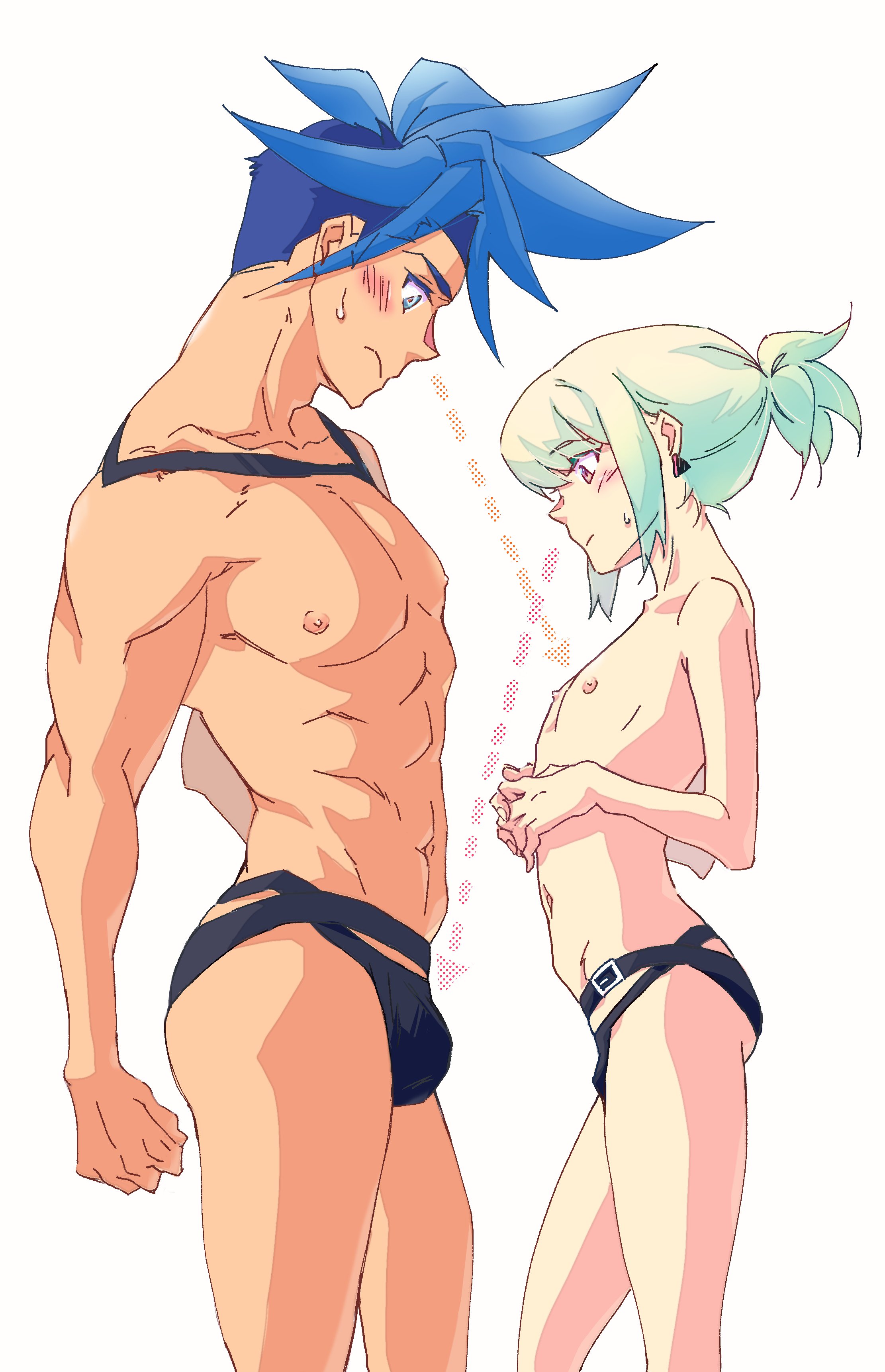 2boys, androgynous, eaka56868337, femboy, galo thymos, gay, lio fotia, looking at partner, male, ponytail, promare, size difference, twink, yaoi